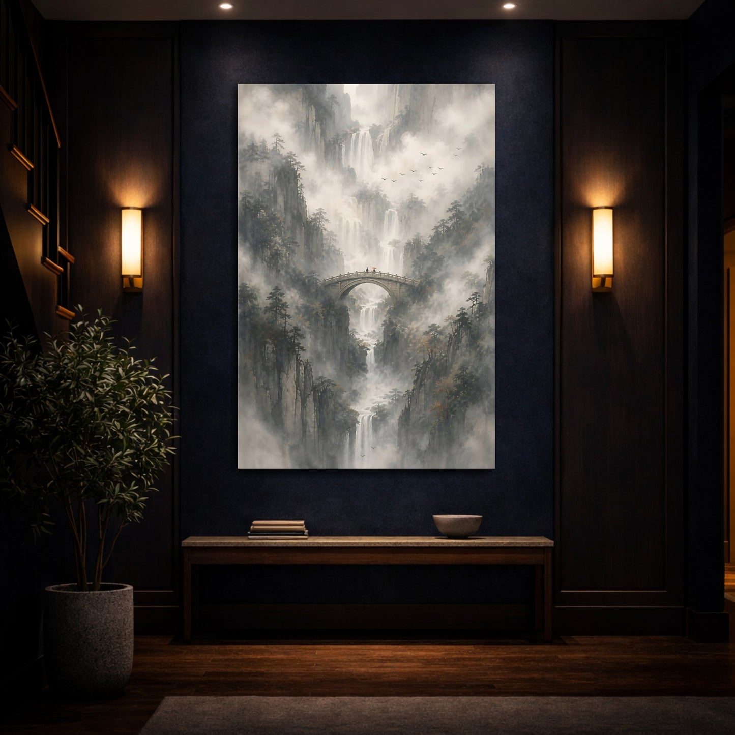 Mockup 4. Nature Mountain Landscape Misty Mountains shown as stretched canvas wall art