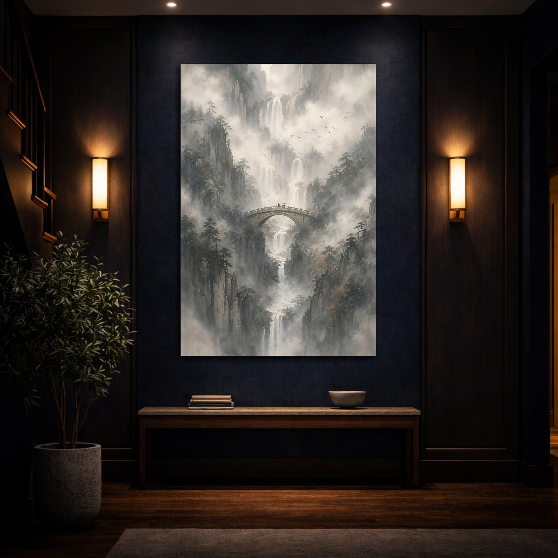 Mockup 4. Nature Mountain Landscape Misty Mountains shown as stretched canvas wall art