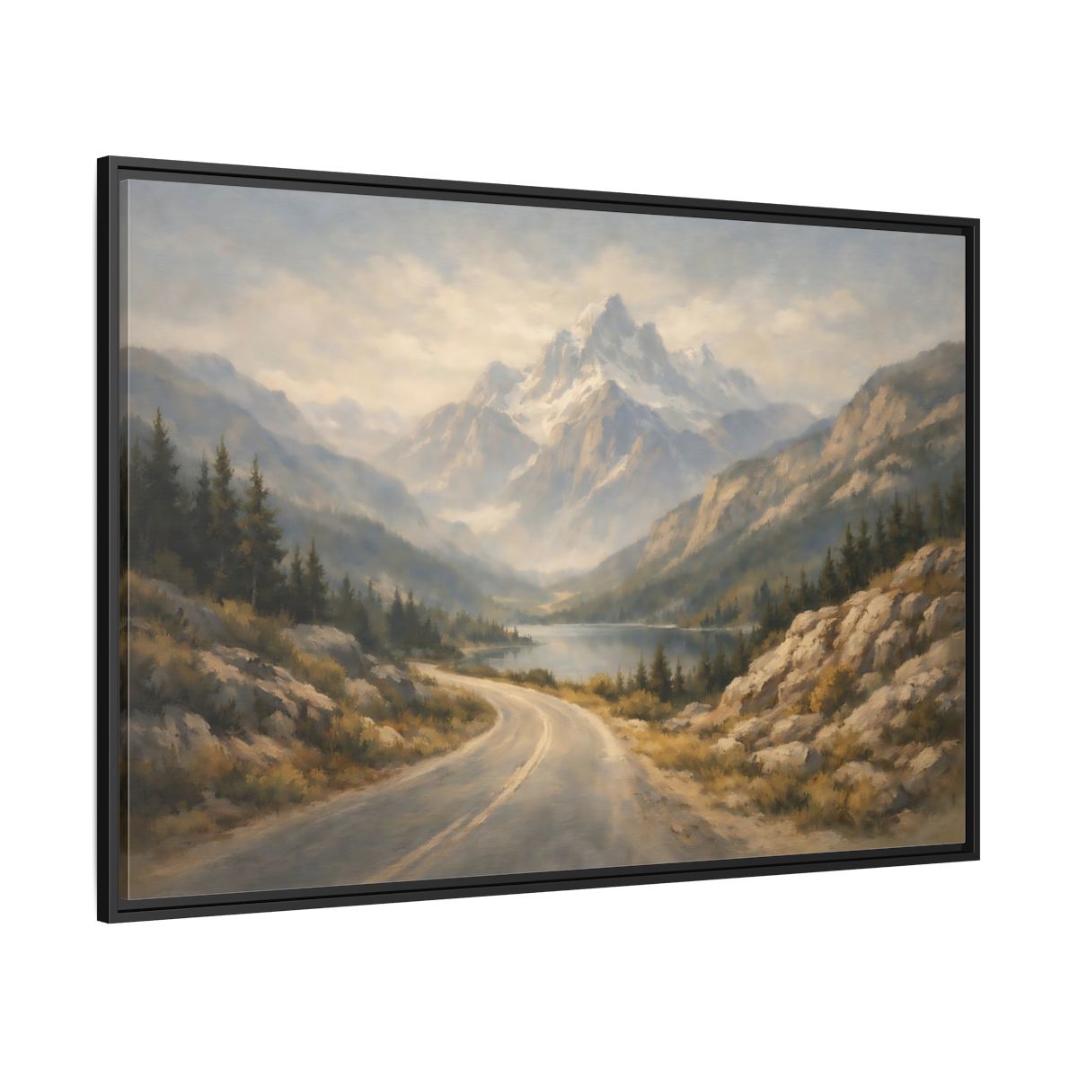 Side Mockup 12. Nature Mountain Landscape Misty Mountain Road shown as stretched canvas wall art