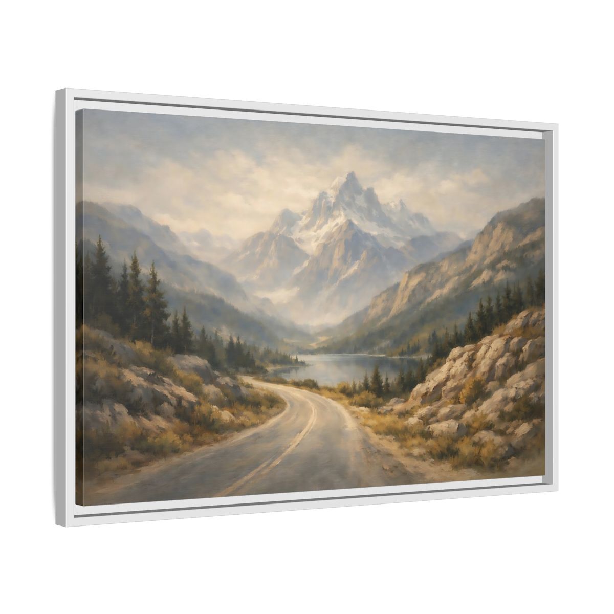 Side Mockup 10. Nature Mountain Landscape Misty Mountain Road shown as stretched canvas wall art