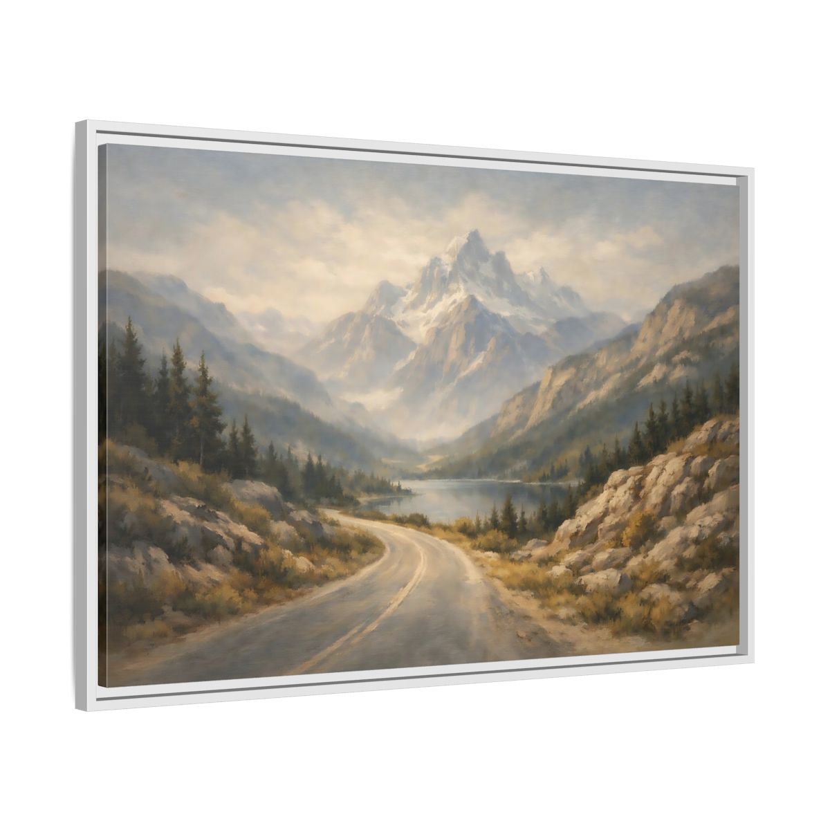 Side Mockup 8. Nature Mountain Landscape Misty Mountain Road shown as stretched canvas wall art