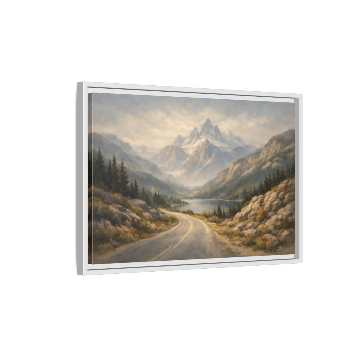 Side Mockup 1. Nature Mountain Landscape Misty Mountain Road shown as stretched canvas wall art