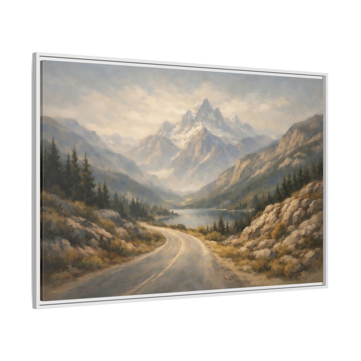 Side Mockup 7. Nature Mountain Landscape Misty Mountain Road shown as stretched canvas wall art