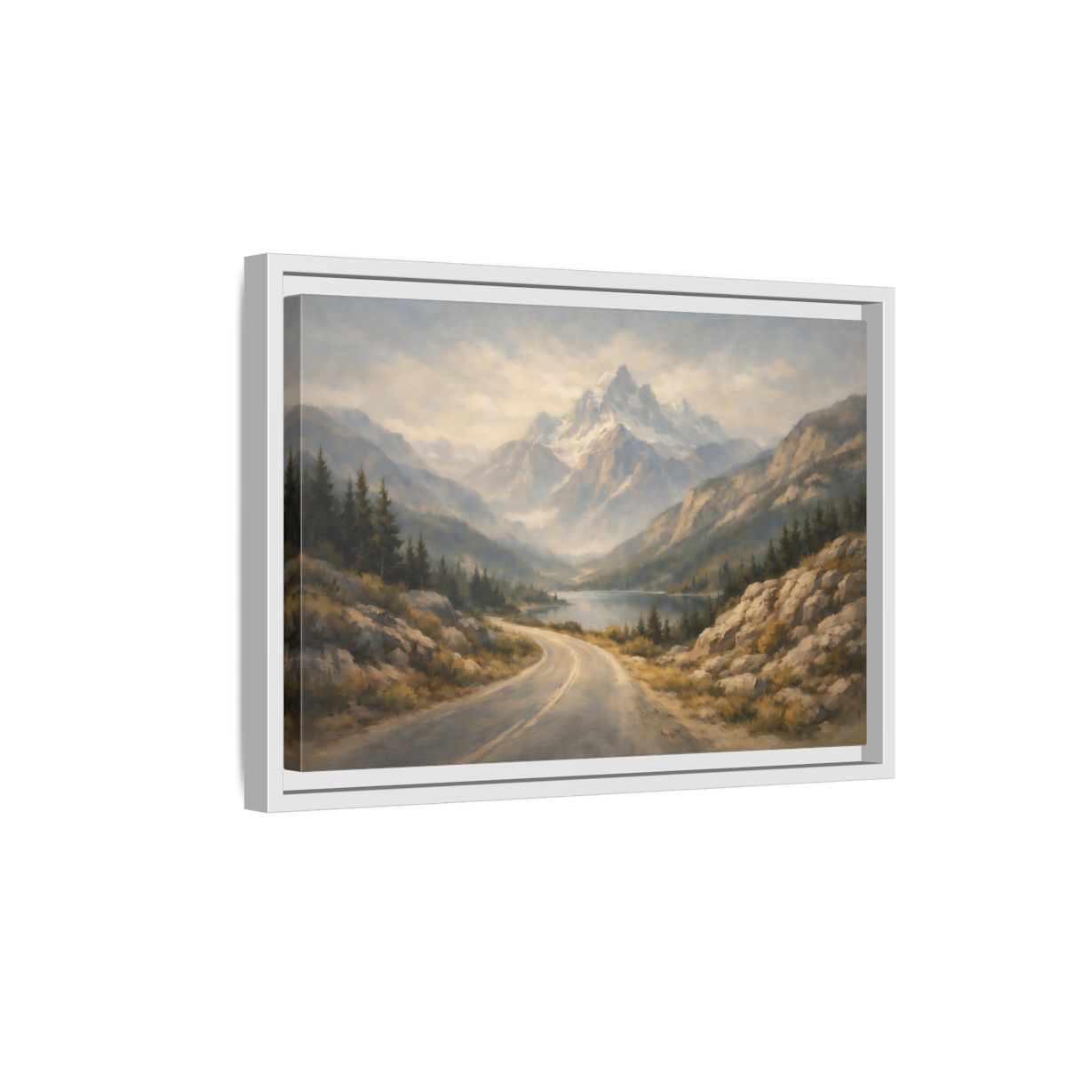 Side Mockup 4. Nature Mountain Landscape Misty Mountain Road shown as stretched canvas wall art