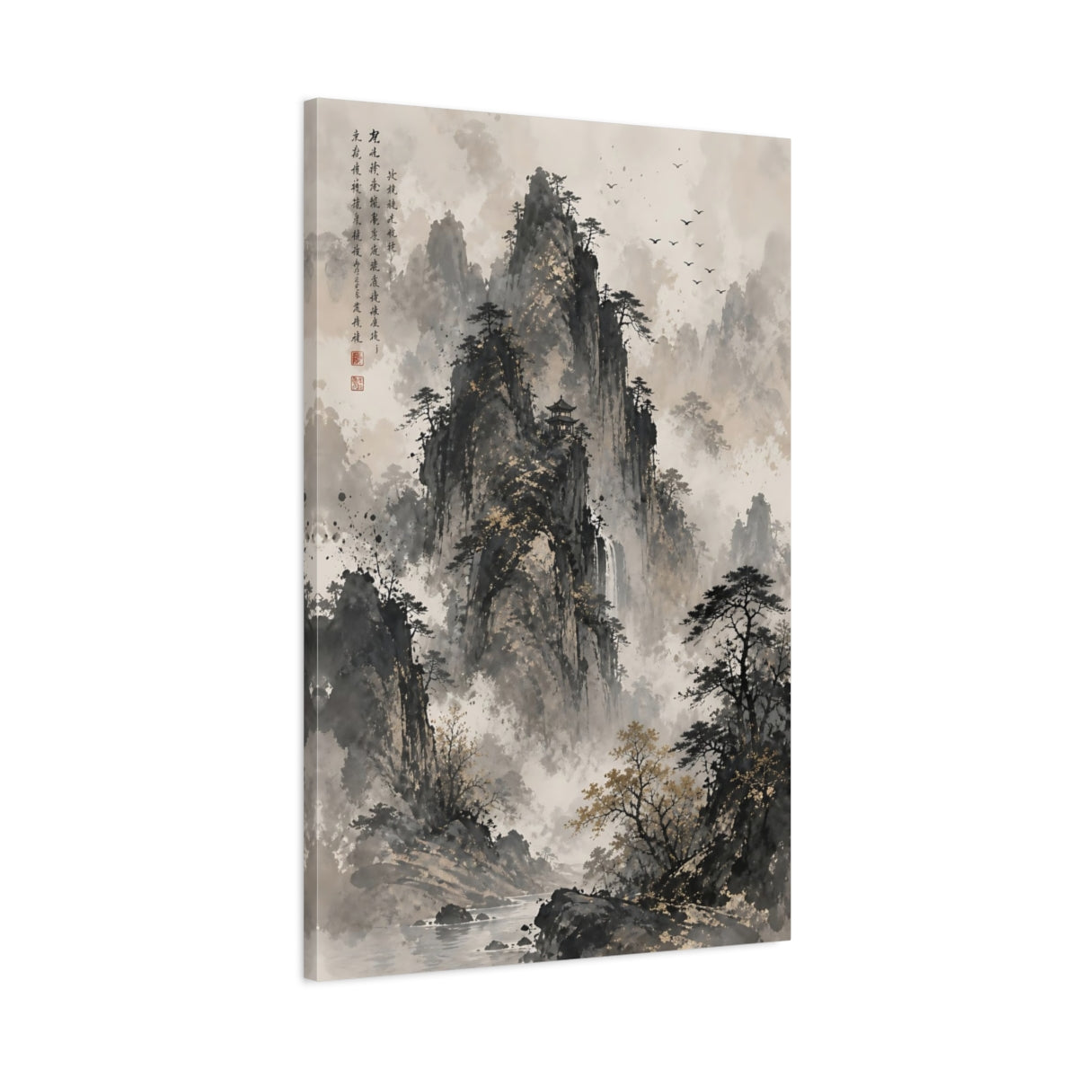 Main Mockup. Nature Mountain Landscape Monochrome Gold shown as stretched canvas wall art
