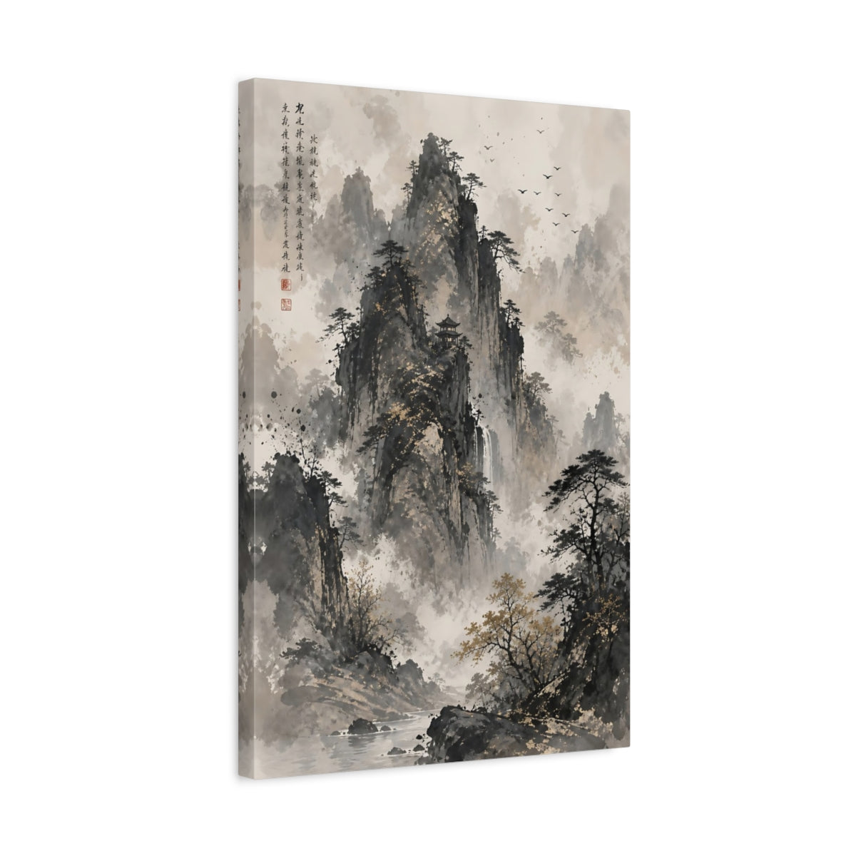 Side Mockup 3. Nature Mountain Landscape Monochrome Gold shown as stretched canvas wall art