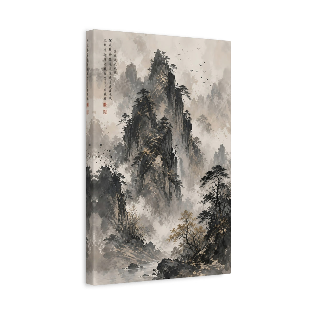 Side Mockup 4. Nature Mountain Landscape Monochrome Gold shown as stretched canvas wall art