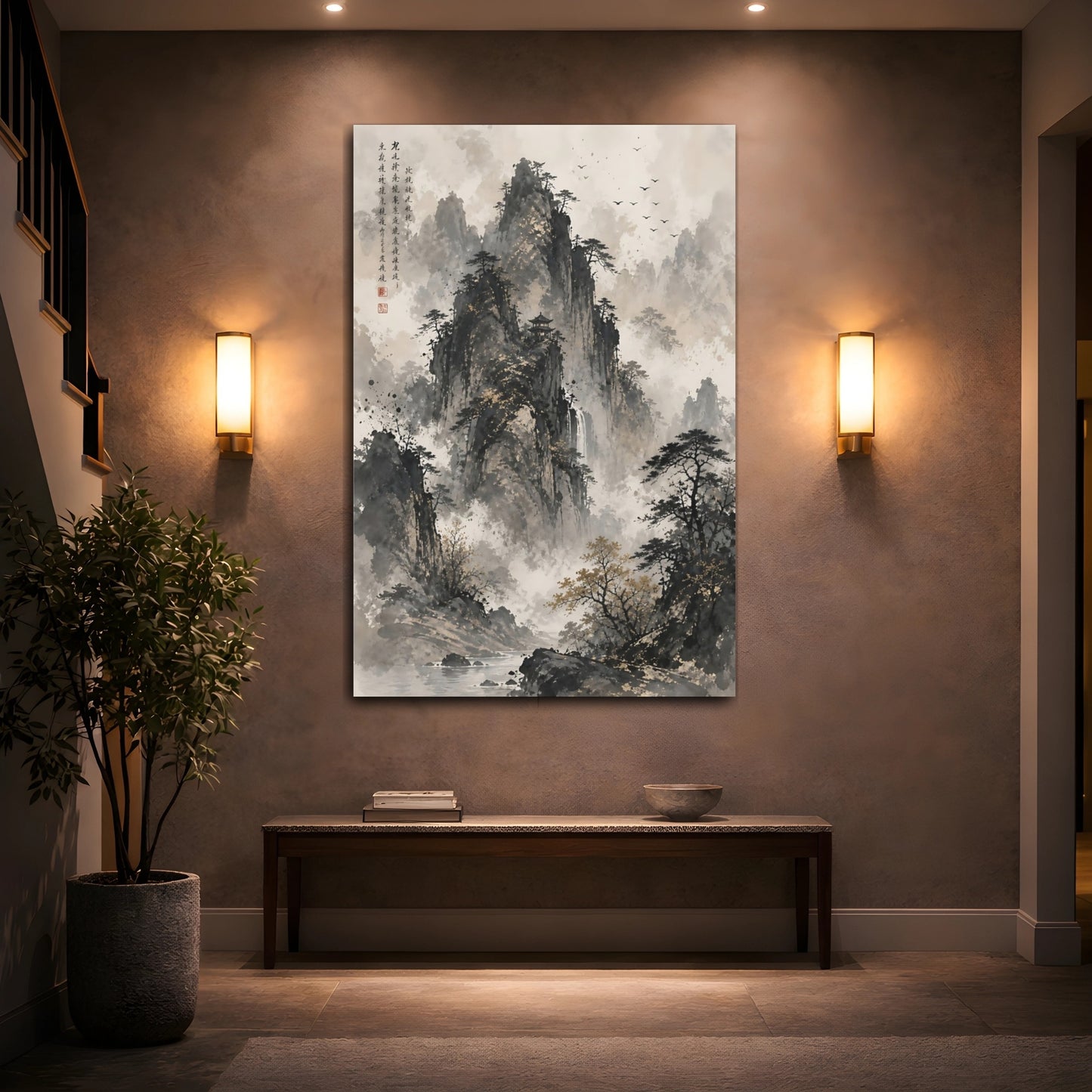 Mockup 2. Nature Mountain Landscape Monochrome Gold shown as stretched canvas wall art