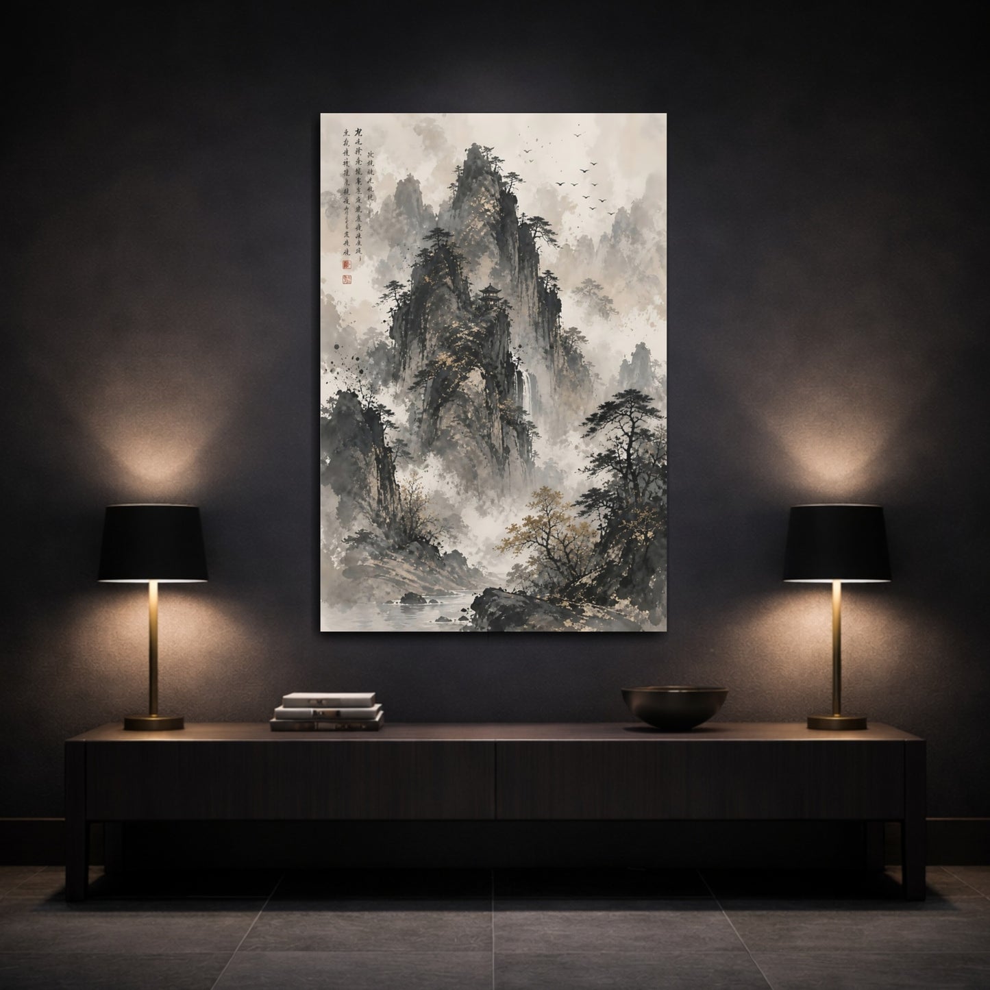 Mockup 3. Nature Mountain Landscape Monochrome Gold shown as stretched canvas wall art