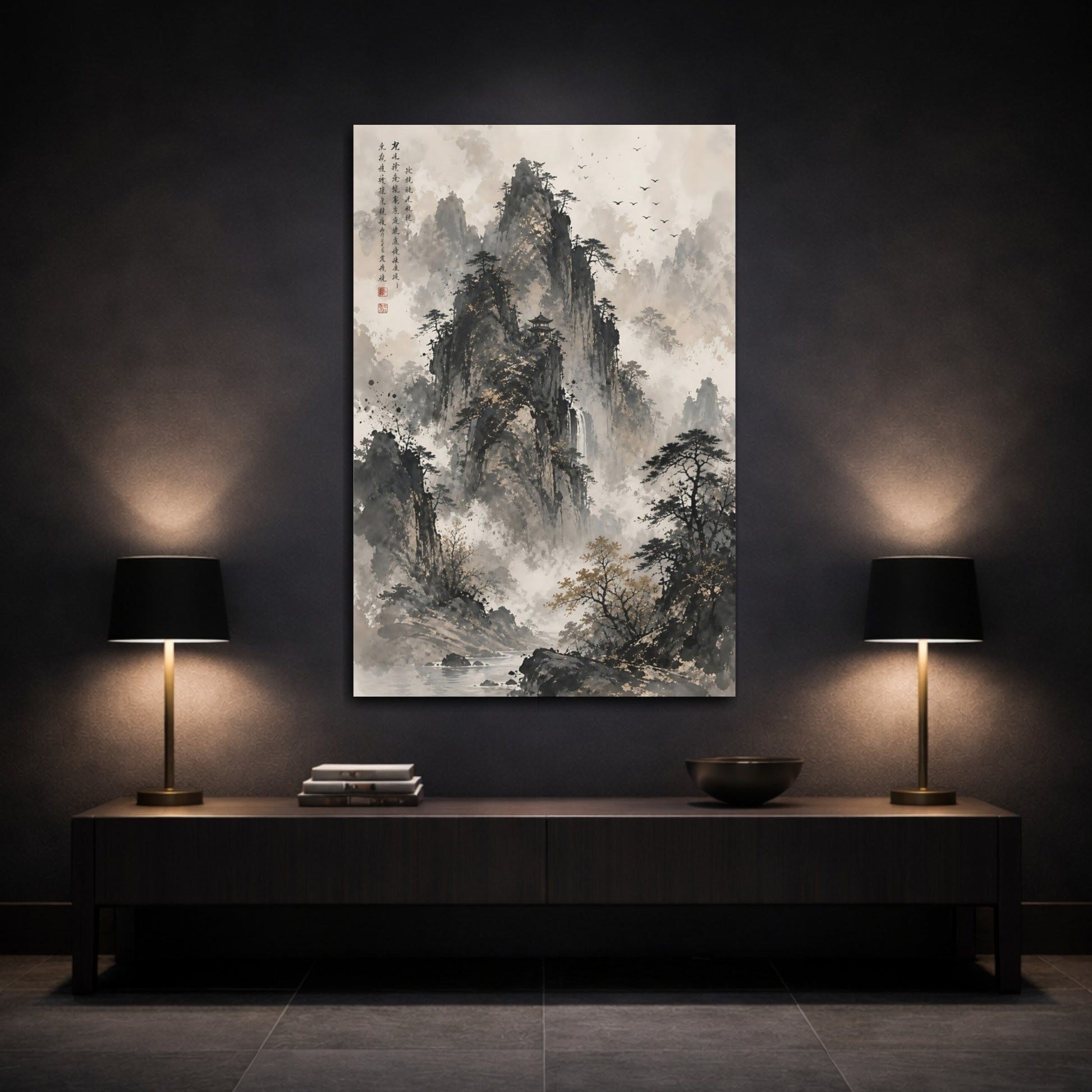 Mockup 3. Nature Mountain Landscape Monochrome Gold shown as stretched canvas wall art