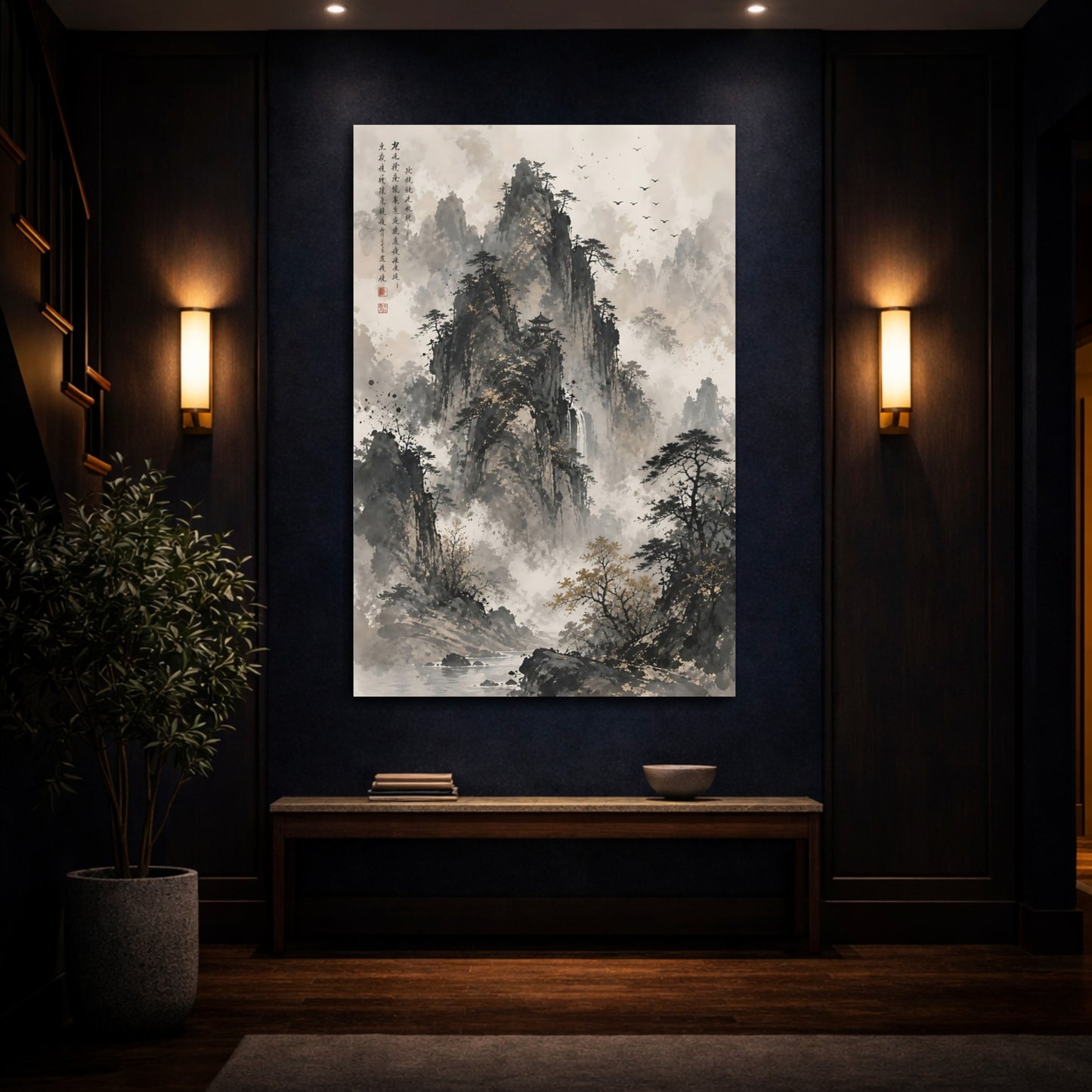 Mockup 4. Nature Mountain Landscape Monochrome Gold shown as stretched canvas wall art