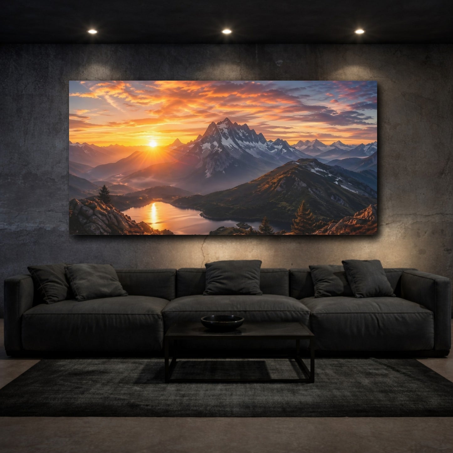 Mockup 2. Nature Mountain Landscape Orange Mountain Sunset shown as stretched canvas wall art