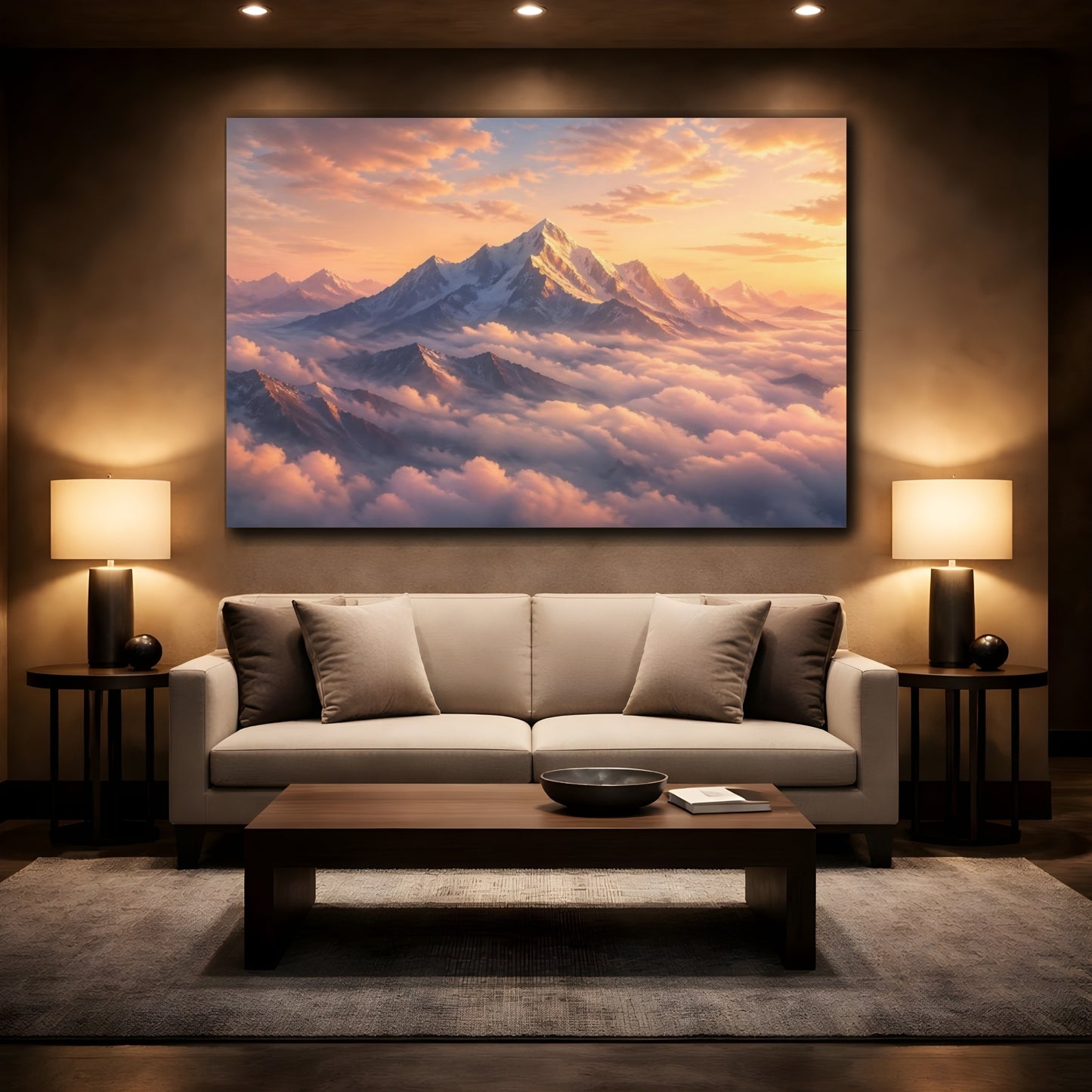 Mockup 2. Nature Mountain Landscape Orange Mountain Sunset shown as stretched canvas wall art