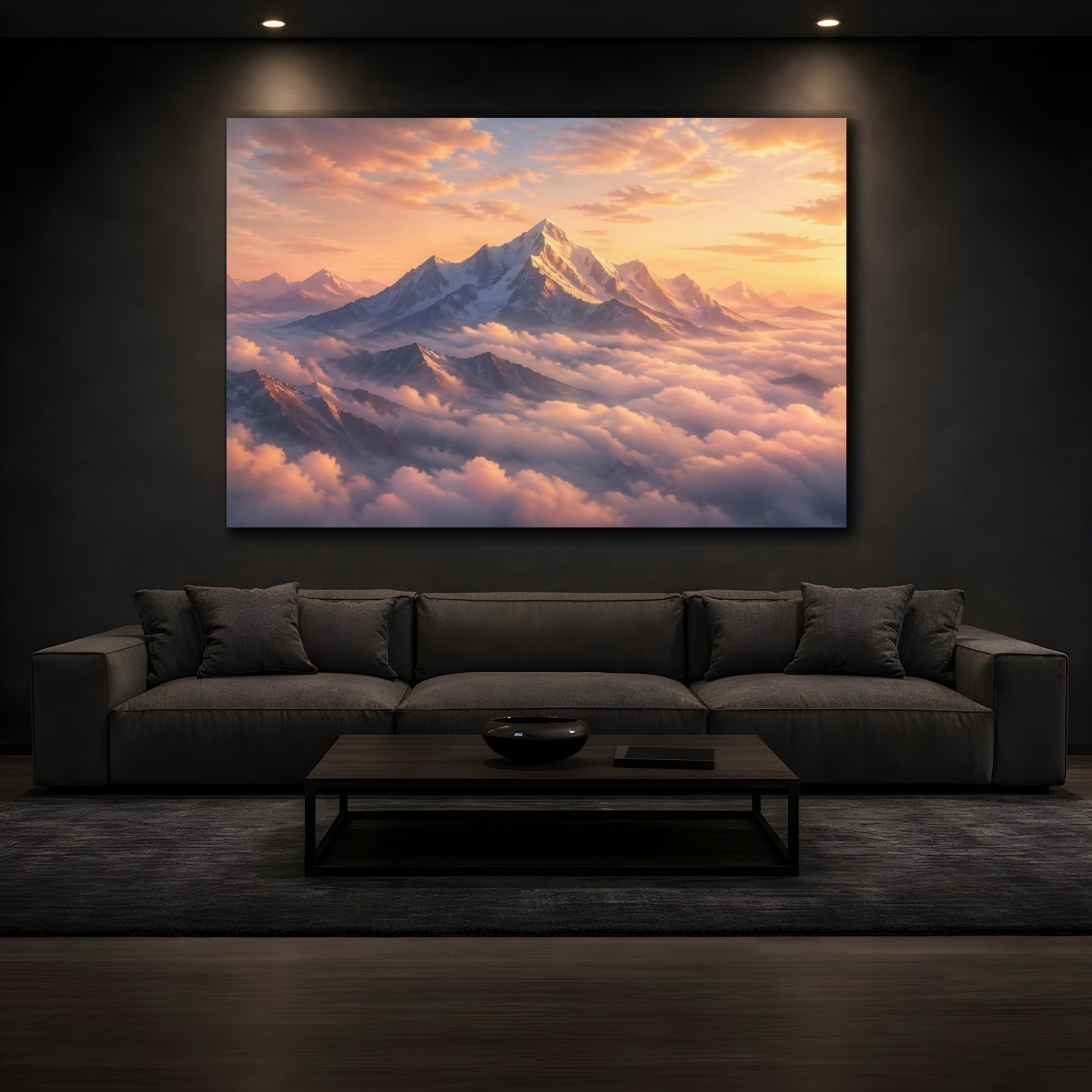 Mockup 3. Nature Mountain Landscape Orange Mountain Sunset shown as stretched canvas wall art