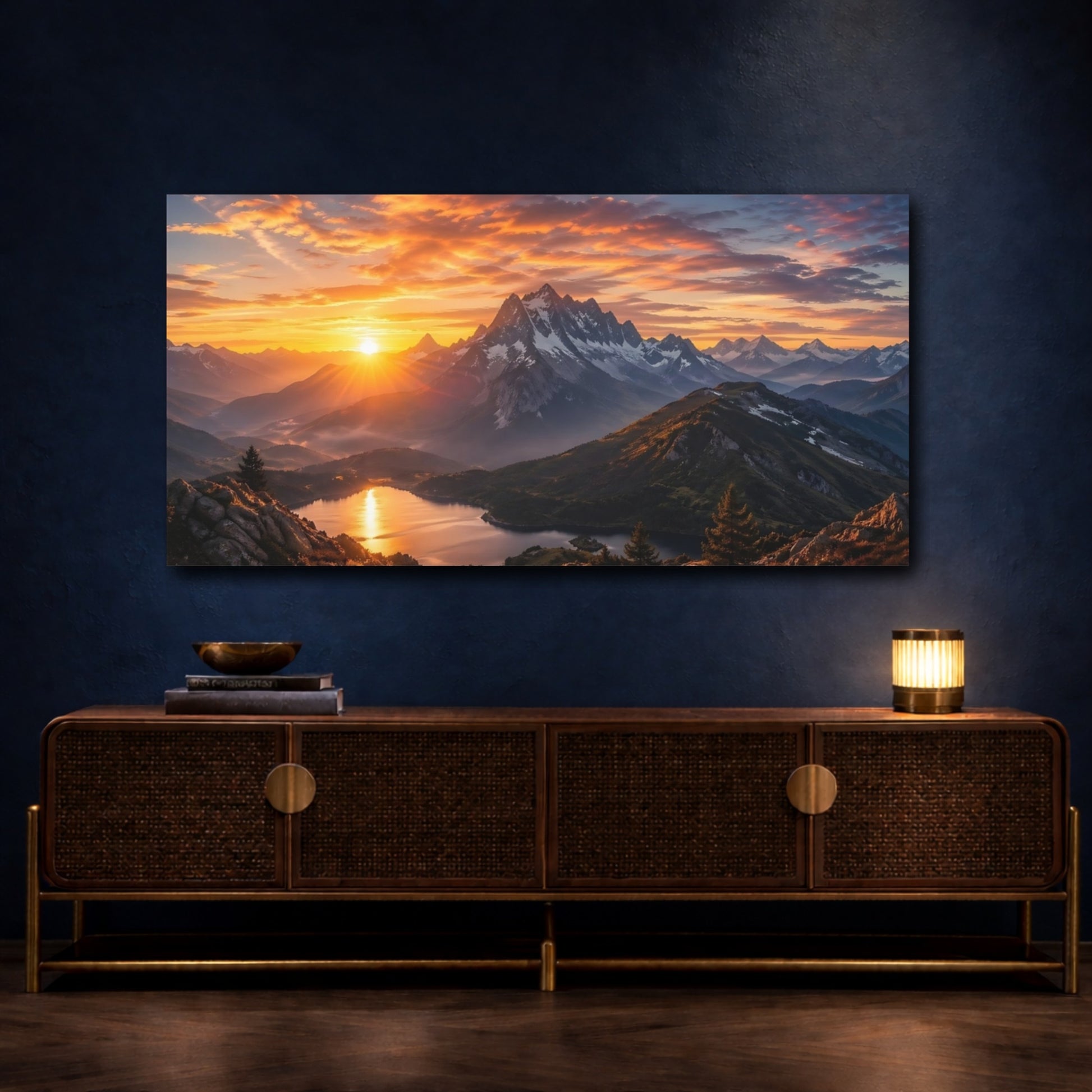 Mockup 4. Nature Mountain Landscape Orange Mountain Sunset shown as stretched canvas wall art