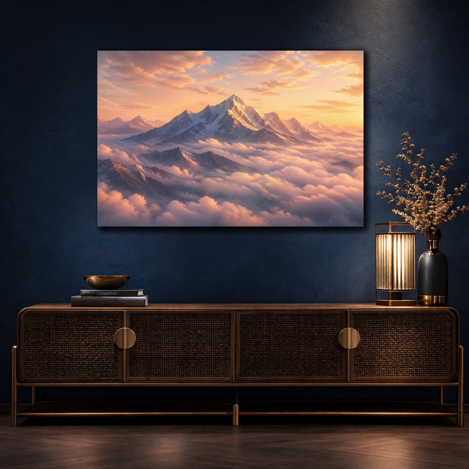 Mockup 4. Nature Mountain Landscape Orange Mountain Sunset shown as stretched canvas wall art
