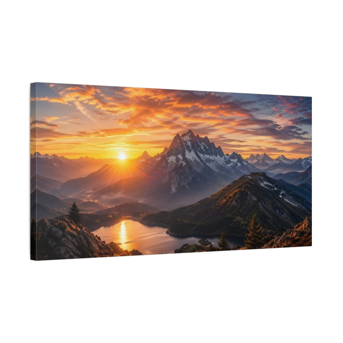 Side Mockup 1. Nature Mountain Landscape Orange Mountain Sunset shown as stretched canvas wall art