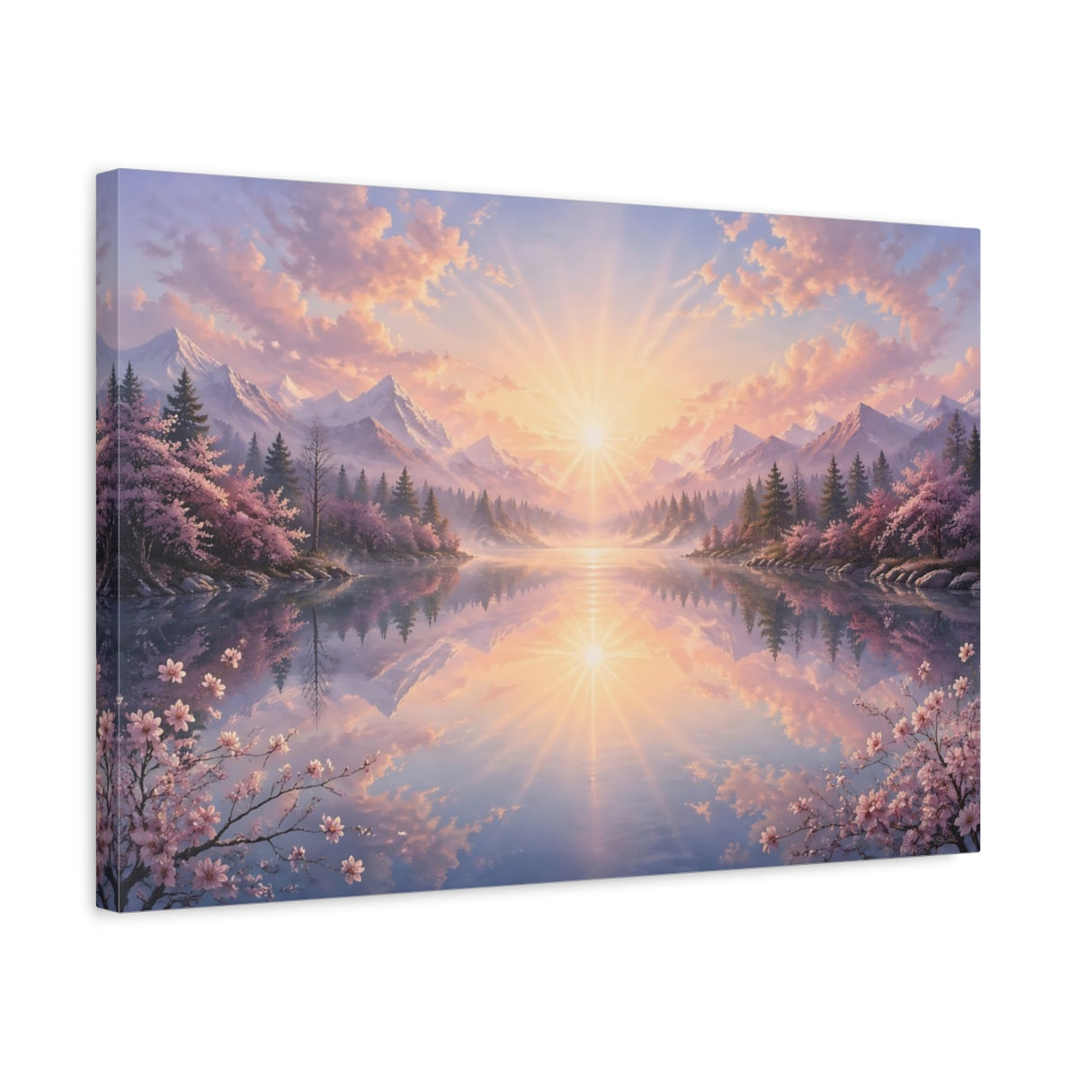 Side Mockup 3. Nature Mountain Landscape Pink And Blue Landscape shown as stretched canvas wall art