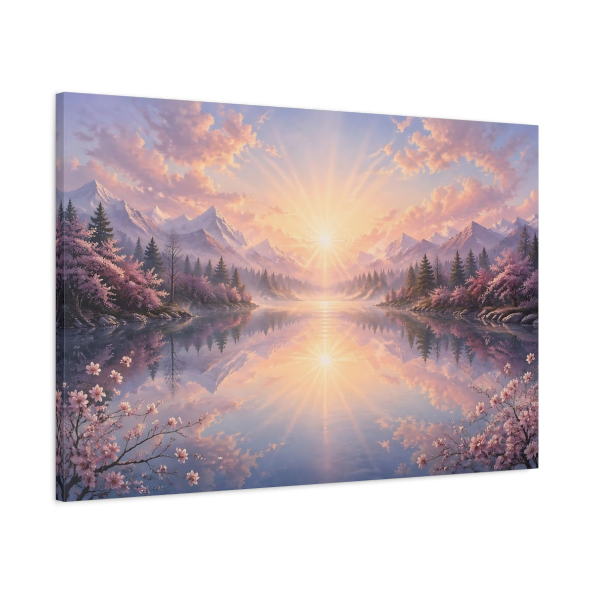 Main Mockup. Nature Mountain Landscape Pink And Blue Landscape shown as stretched canvas wall art