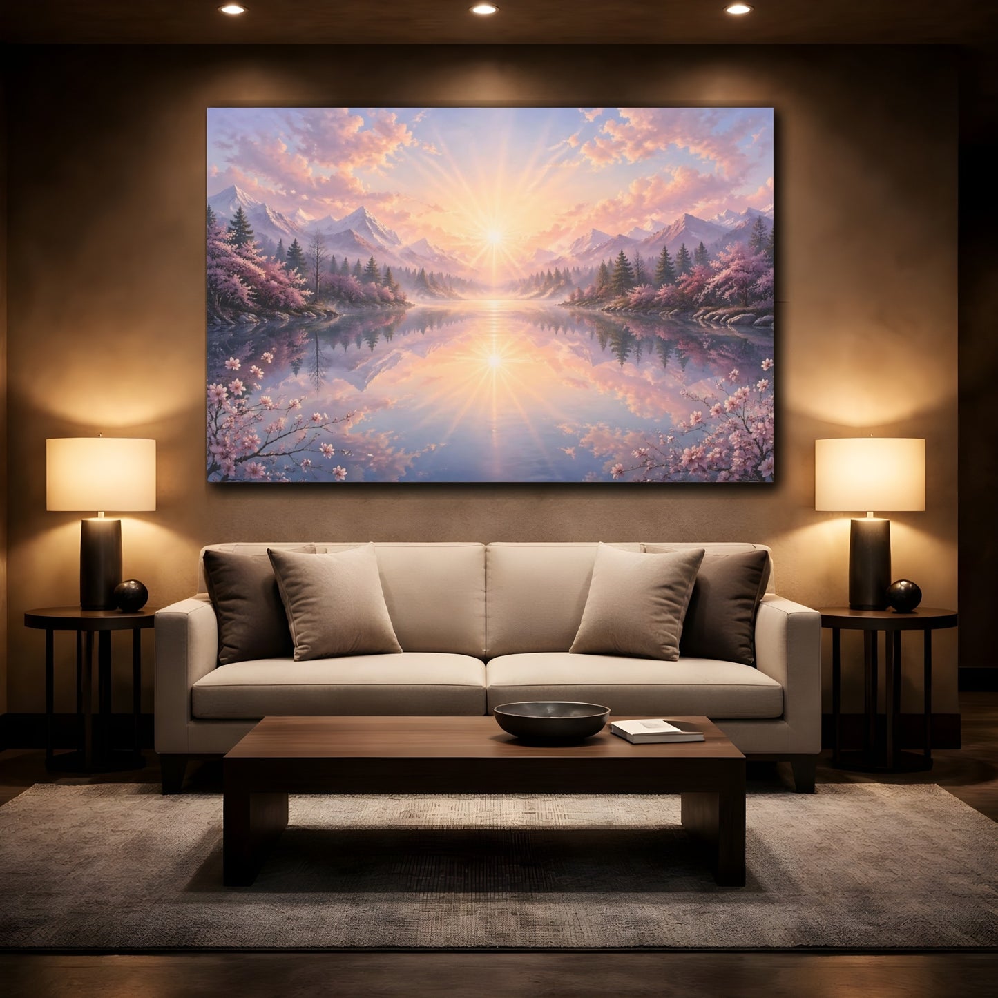 Mockup 2. Nature Mountain Landscape Pink And Blue Landscape shown as stretched canvas wall art