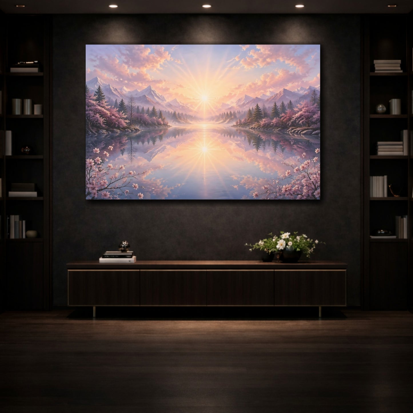 Mockup 3. Nature Mountain Landscape Pink And Blue Landscape shown as stretched canvas wall art