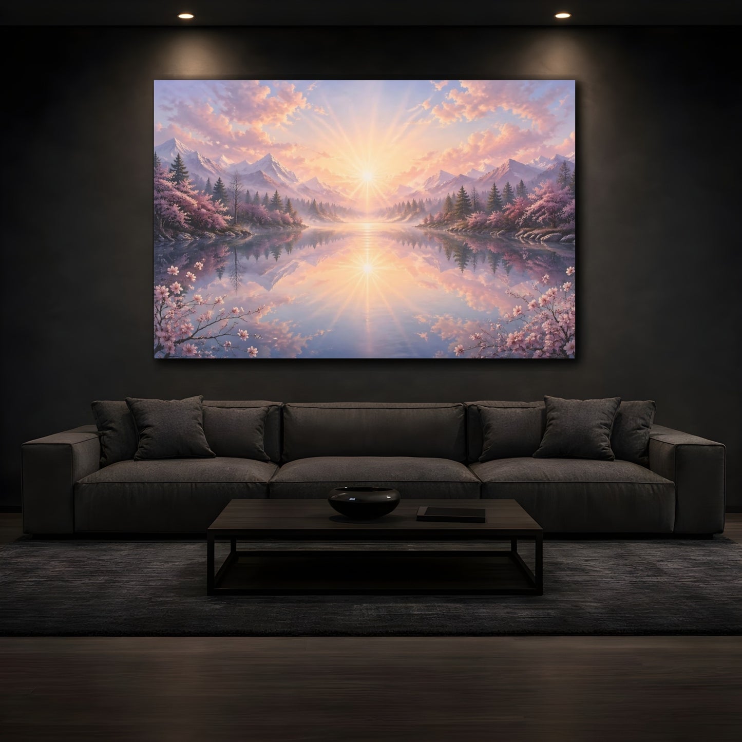 Mockup 4. Nature Mountain Landscape Pink And Blue Landscape shown as stretched canvas wall art