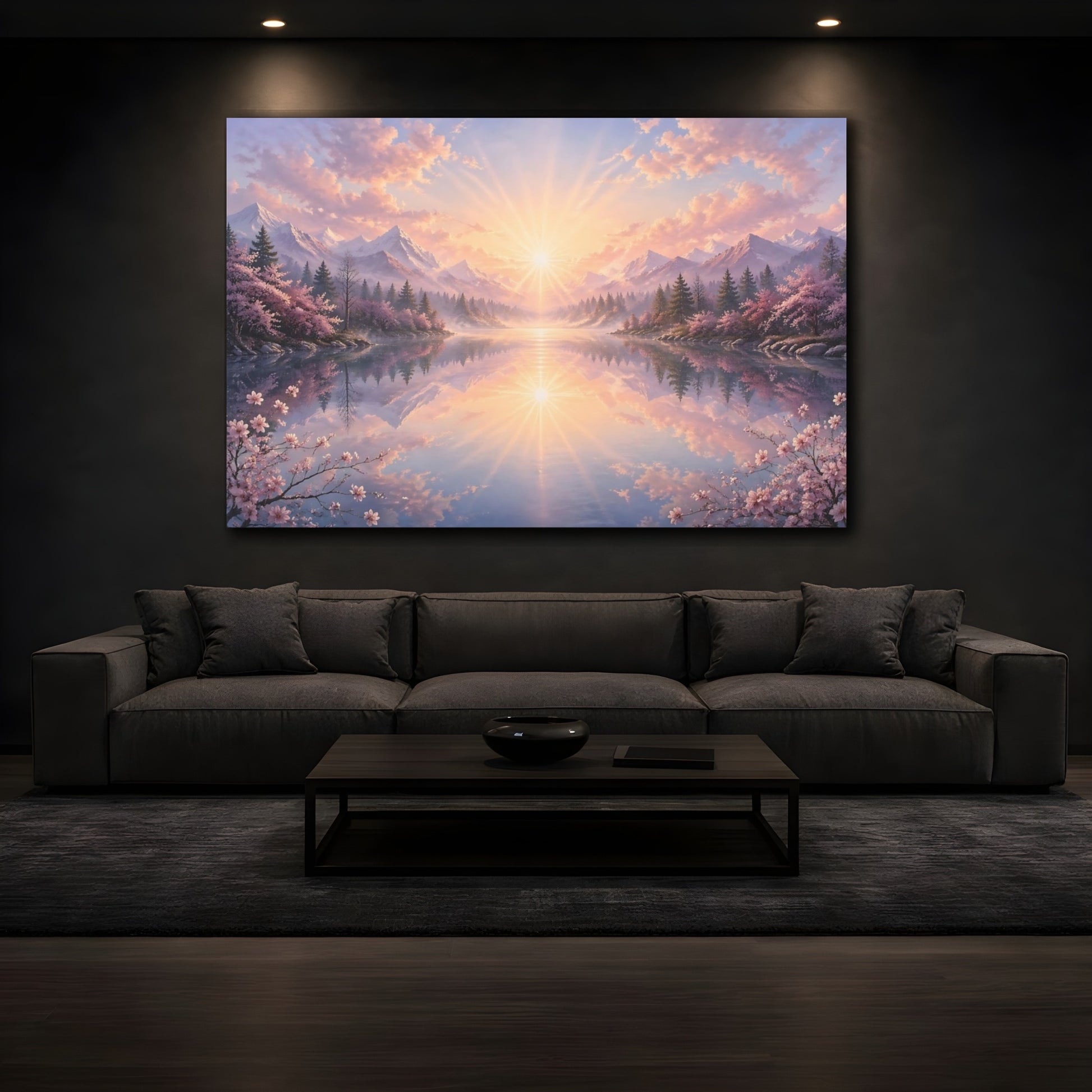 Mockup 4. Nature Mountain Landscape Pink And Blue Landscape shown as stretched canvas wall art