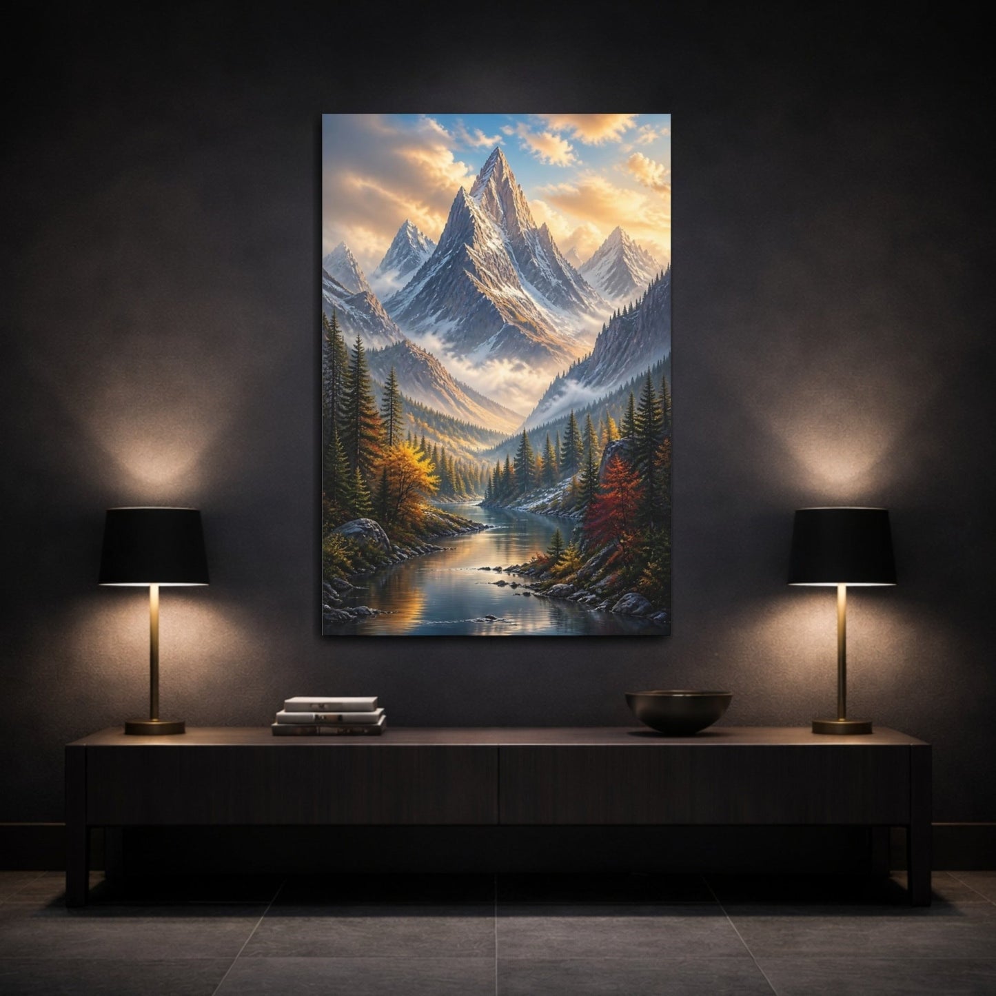 Nature Mountain Landscape River Autumn Canvas Print – Realistic Decor for Living Room, Above Console Table - YesArtYes
