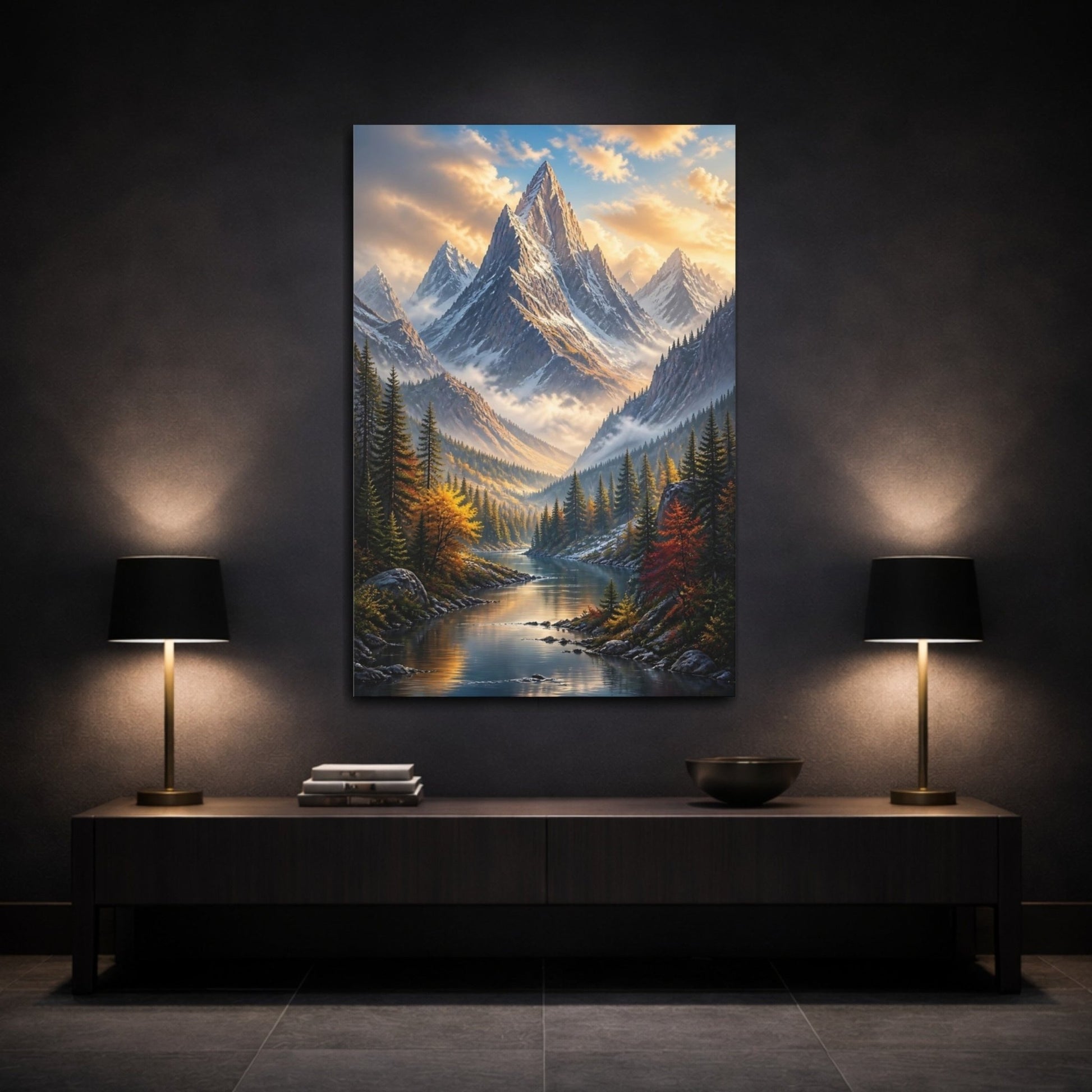 Nature Mountain Landscape River Autumn Canvas Print – Realistic Decor for Living Room, Above Console Table - YesArtYes
