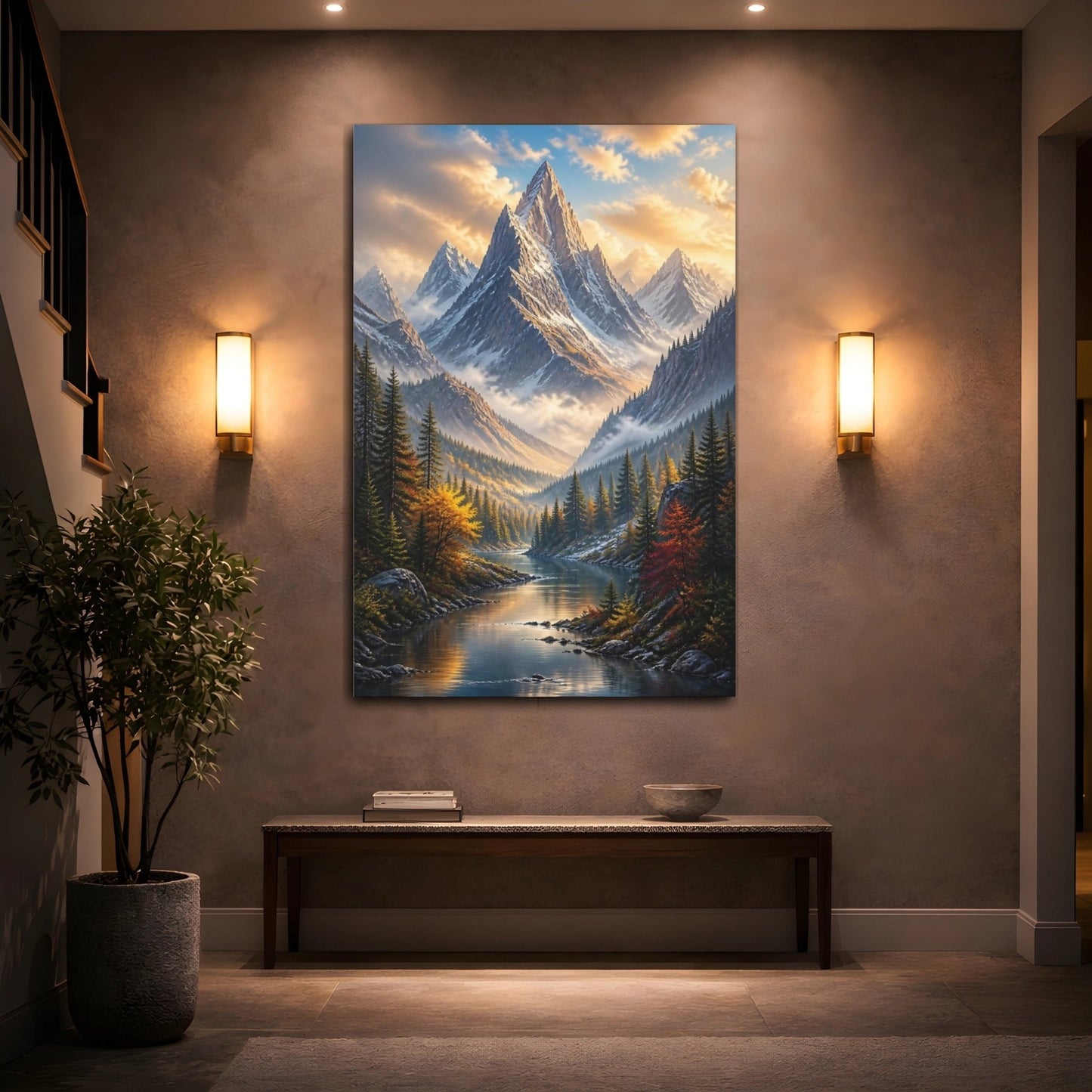 Nature Mountain Landscape River Autumn Canvas Print – Realistic Decor for Living Room, Above Console Table - YesArtYes