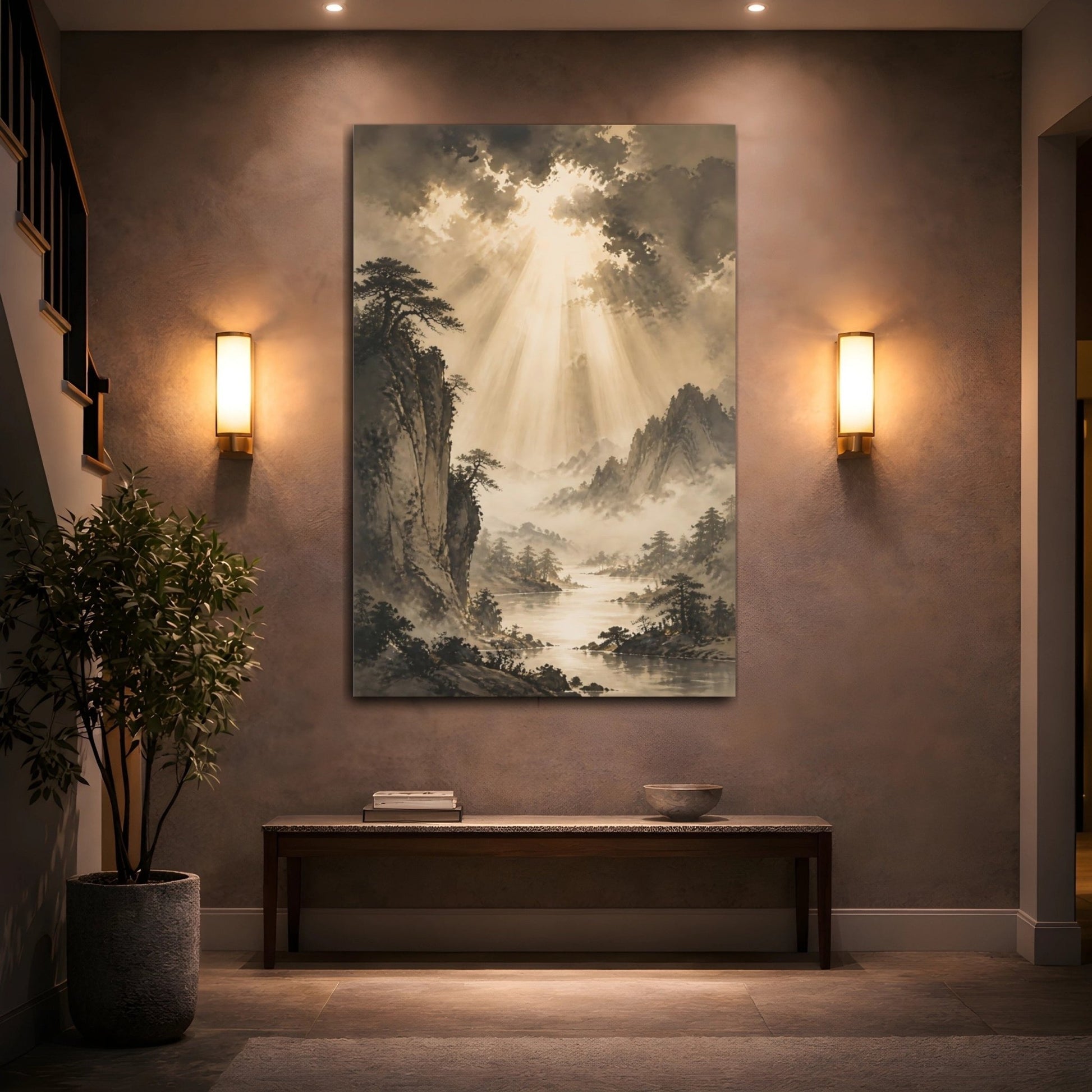 Nature Mountain Landscape Sepia Tones Canvas Wall Art Print – Traditional Living Room, Above Couch - YesArtYes