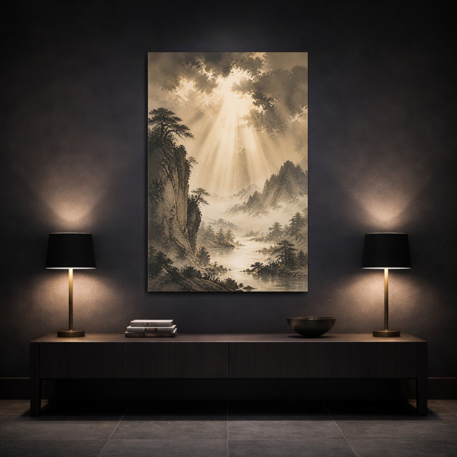 Nature Mountain Landscape Sepia Tones Canvas Wall Art Print – Traditional Living Room, Above Couch - YesArtYes