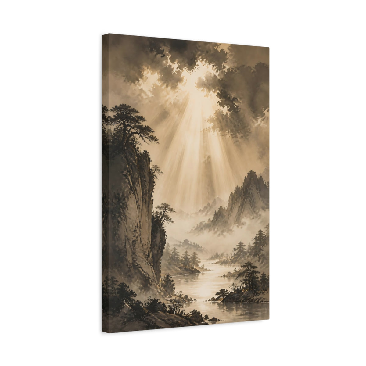 Side Mockup 3. Nature Mountain Landscape Sepia Tones shown as stretched canvas wall art