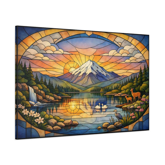 Nature Mountain Landscape Stained Glass Lake - Canvas Wall Art Print - YesArtYes