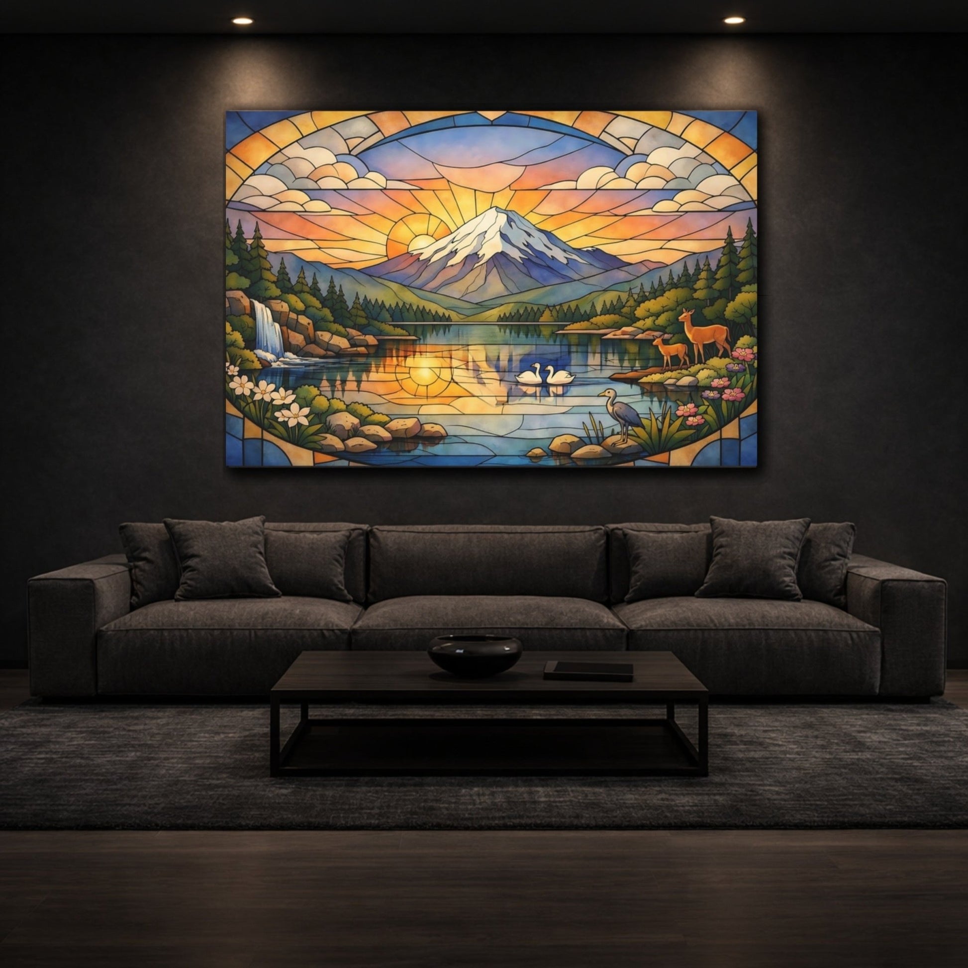 Nature Mountain Landscape Stained Glass Lake - Canvas Wall Art Print - YesArtYes