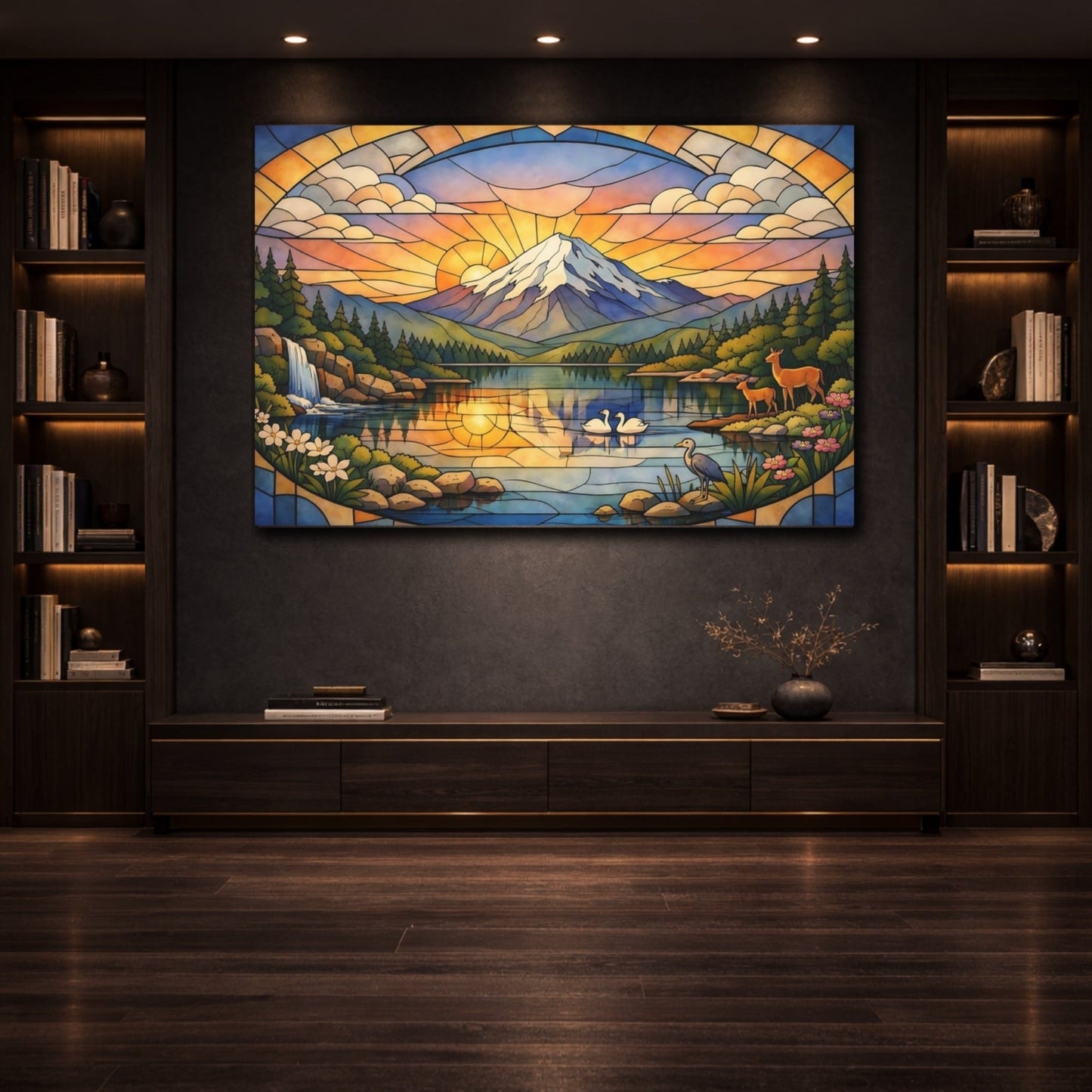 Nature Mountain Landscape Stained Glass Lake - Canvas Wall Art Print - YesArtYes