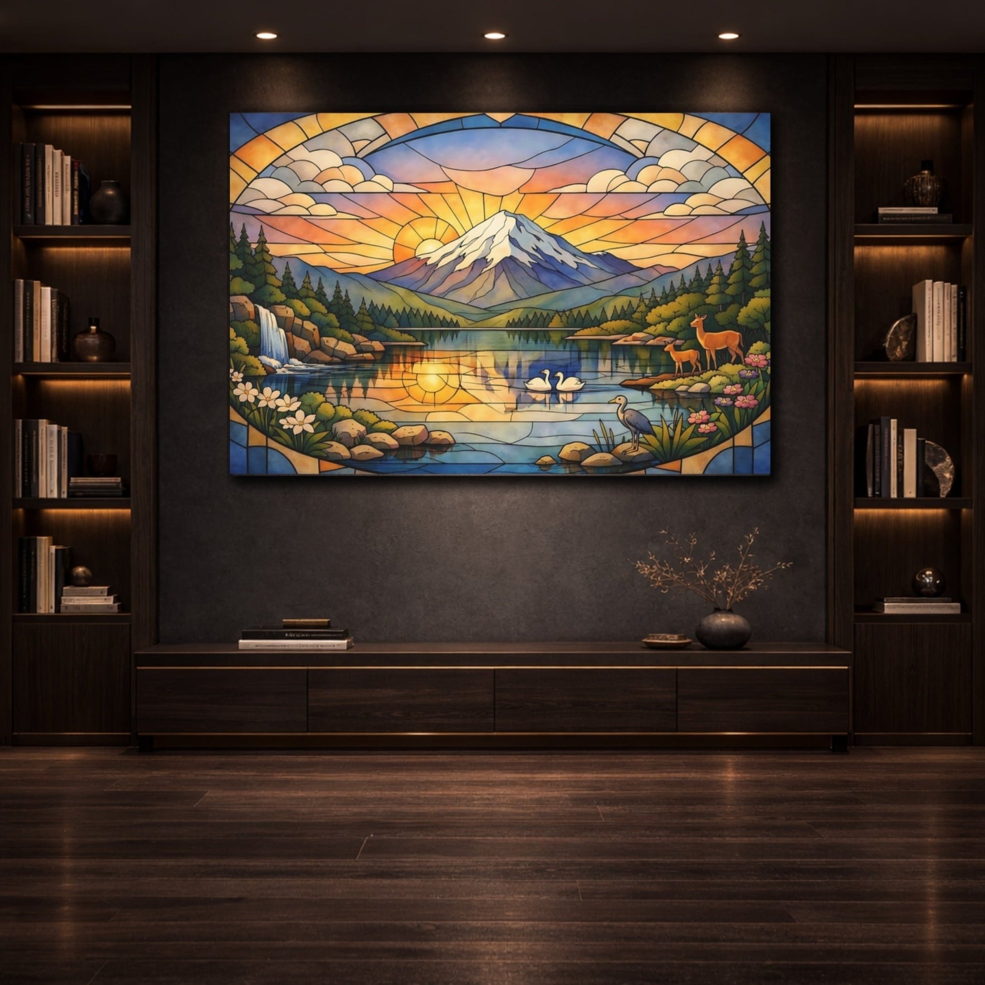 Nature Mountain Landscape Stained Glass Lake - Canvas Wall Art Print - YesArtYes