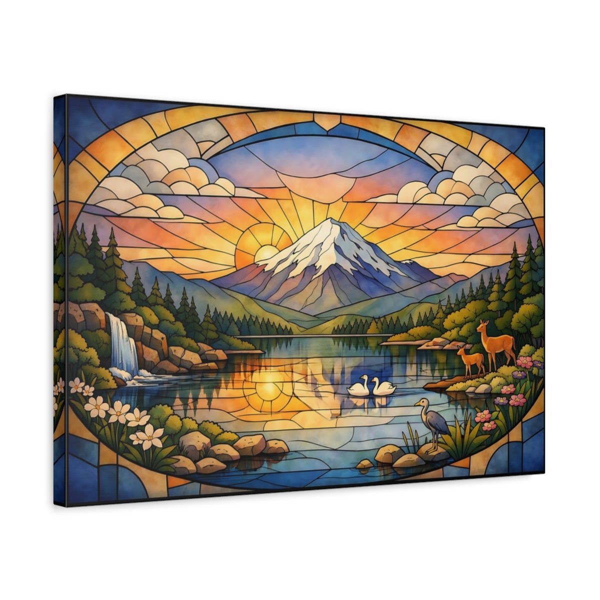 Nature Mountain Landscape Stained Glass Lake - Canvas Wall Art Print - YesArtYes