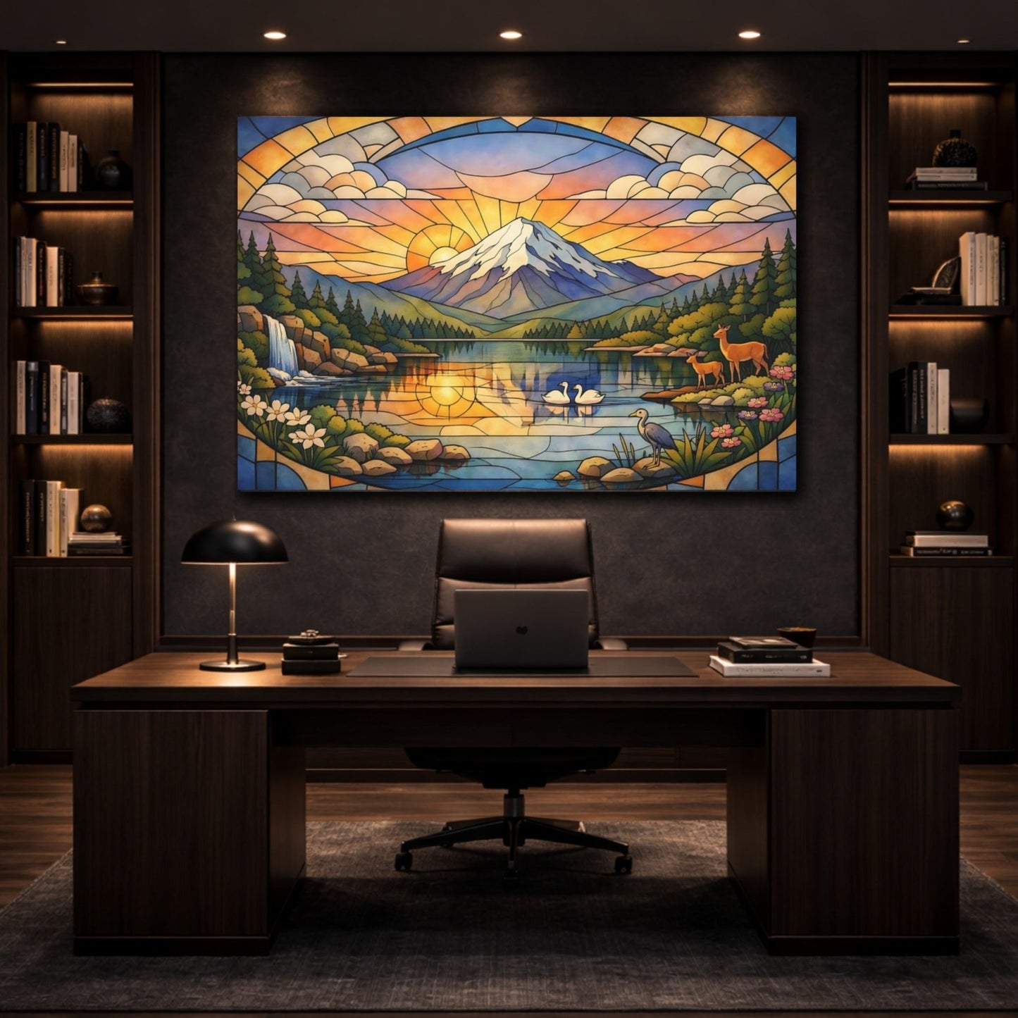Nature Mountain Landscape Stained Glass Lake - Canvas Wall Art Print - YesArtYes