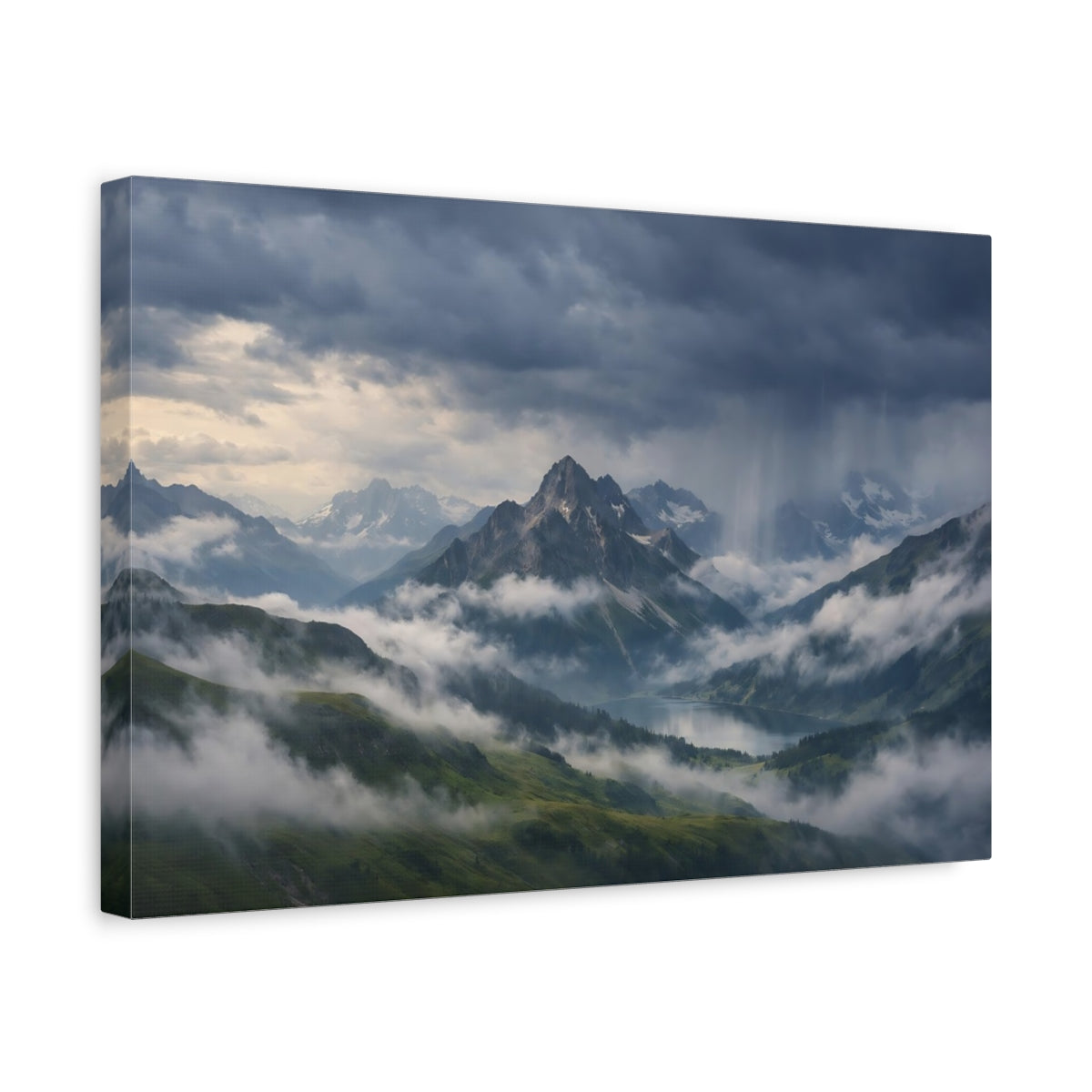 Side Mockup 4. Nature Mountain Landscape Stormy Mountain Lake shown as stretched canvas wall art