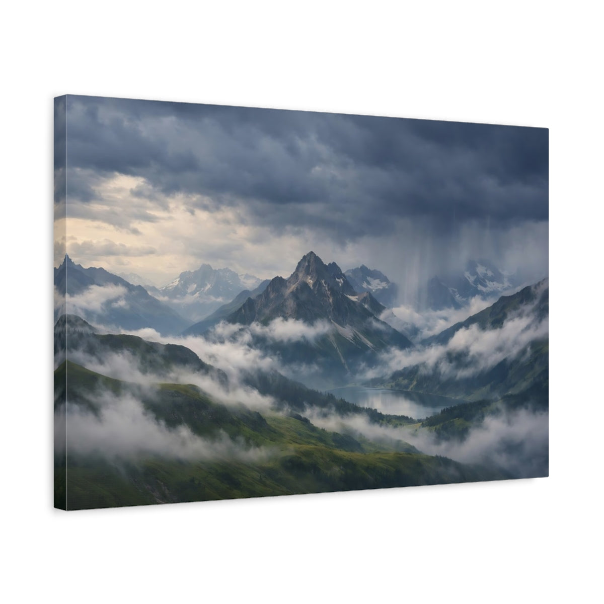 Side Mockup 3. Nature Mountain Landscape Stormy Mountain Lake shown as stretched canvas wall art