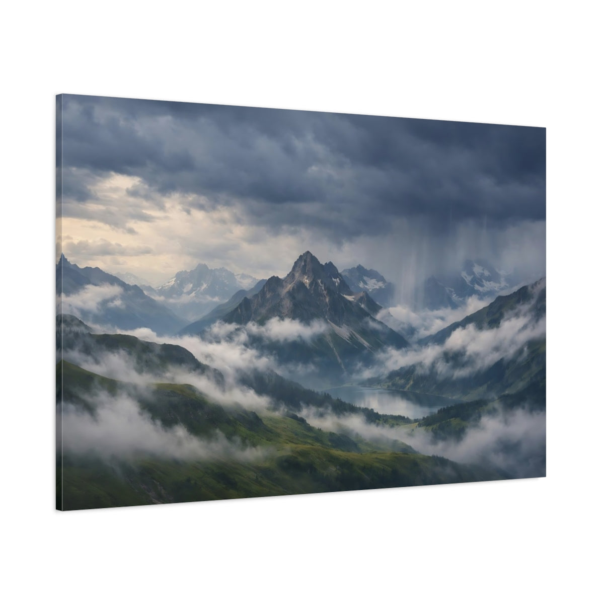Side Mockup 1. Nature Mountain Landscape Stormy Mountain Lake shown as stretched canvas wall art