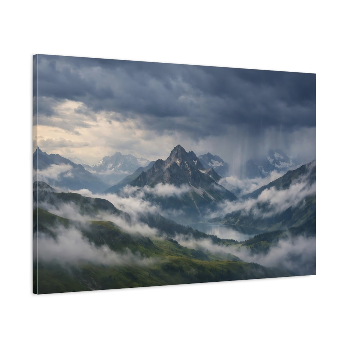 Main Mockup. Nature Mountain Landscape Stormy Mountain Lake shown as stretched canvas wall art