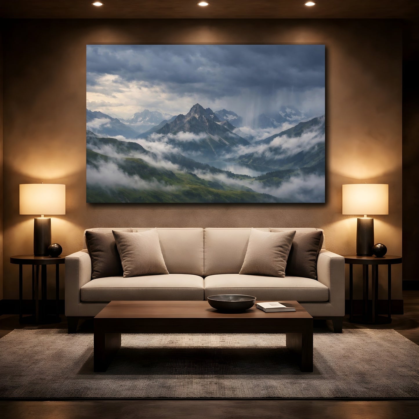 Mockup 2. Nature Mountain Landscape Stormy Mountain Lake shown as stretched canvas wall art