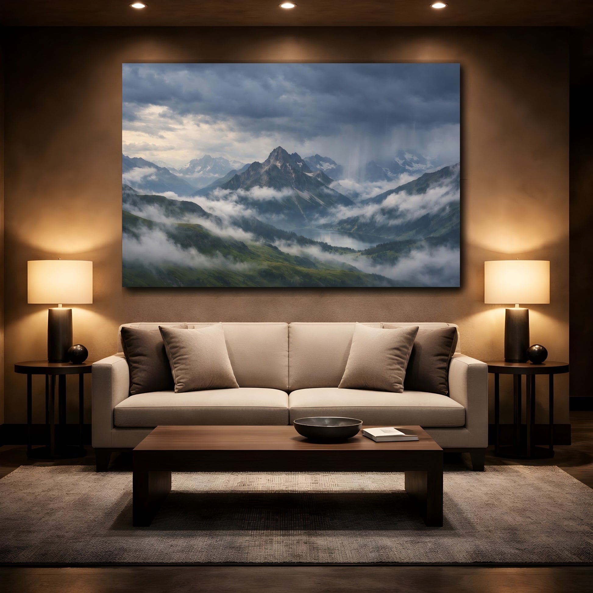Mockup 2. Nature Mountain Landscape Stormy Mountain Lake shown as stretched canvas wall art