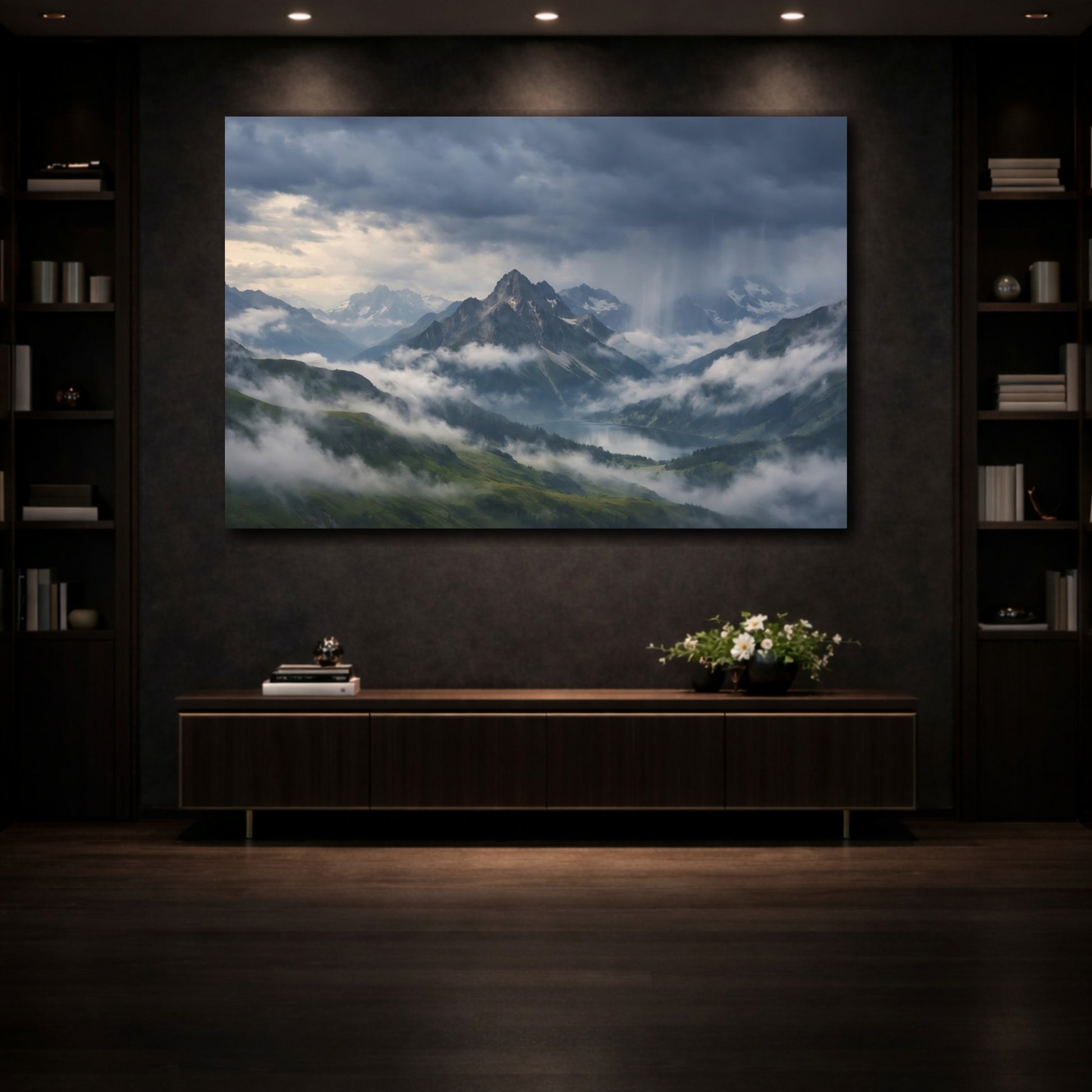 Mockup 3. Nature Mountain Landscape Stormy Mountain Lake shown as stretched canvas wall art