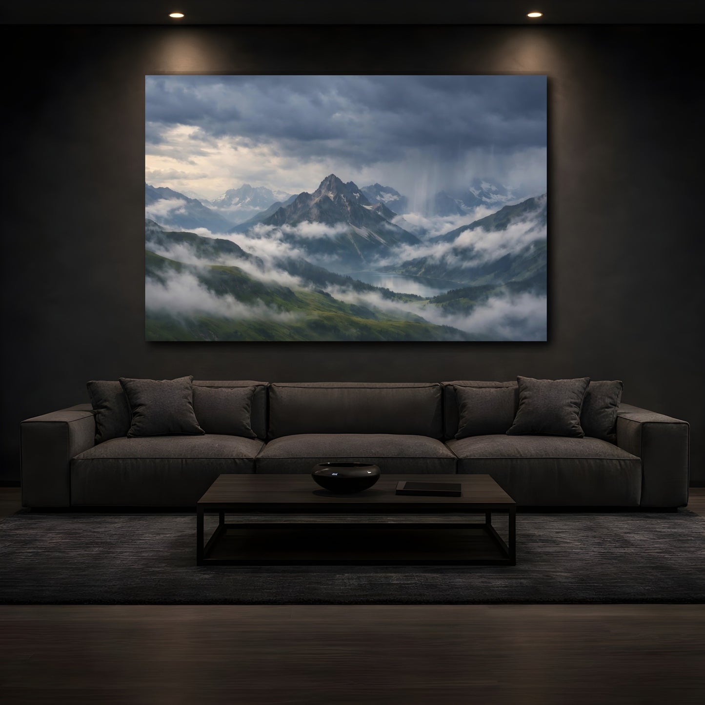 Mockup 4. Nature Mountain Landscape Stormy Mountain Lake shown as stretched canvas wall art
