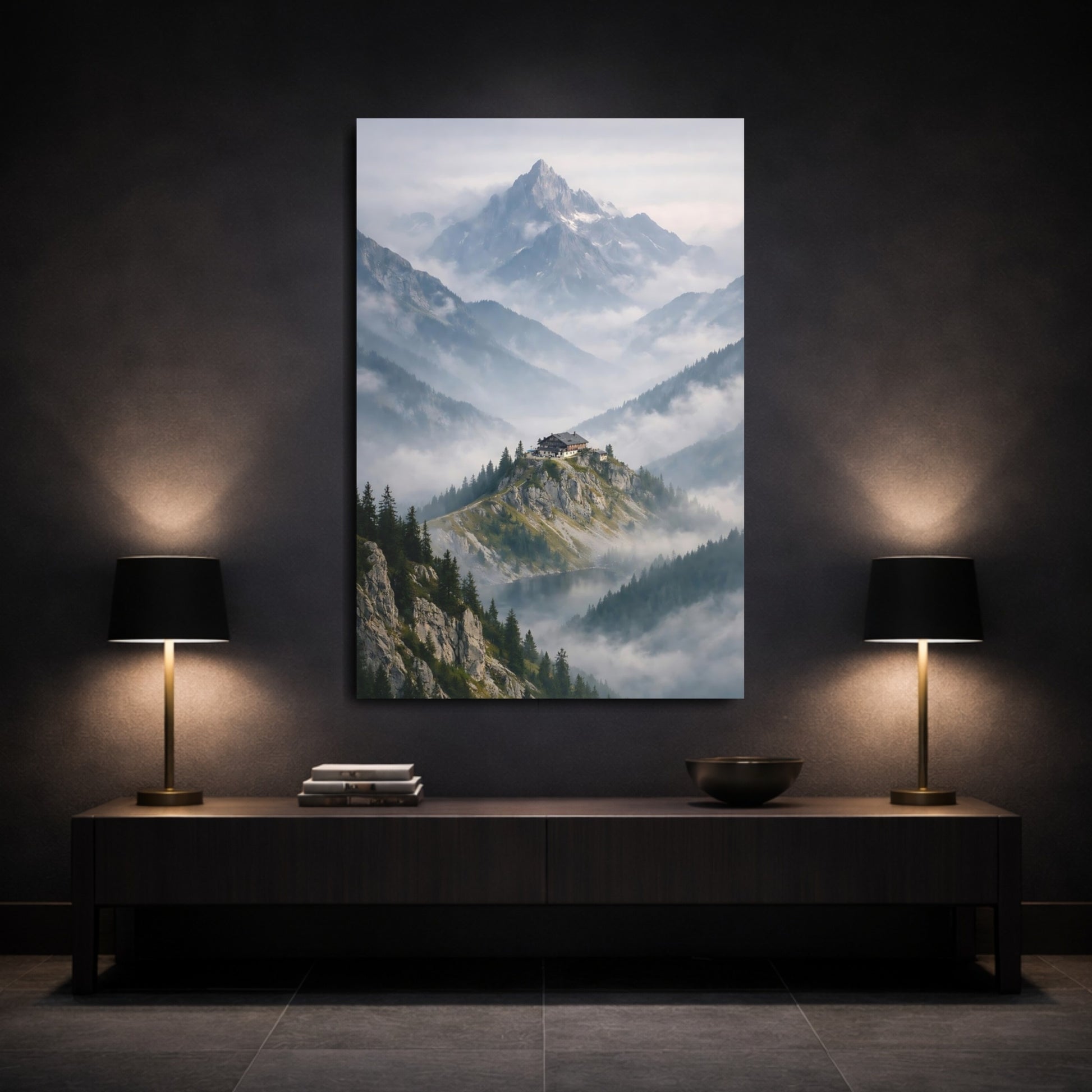 Nature Mountain Lodge Misty Mountain Refuge shown as front canvas room wall art