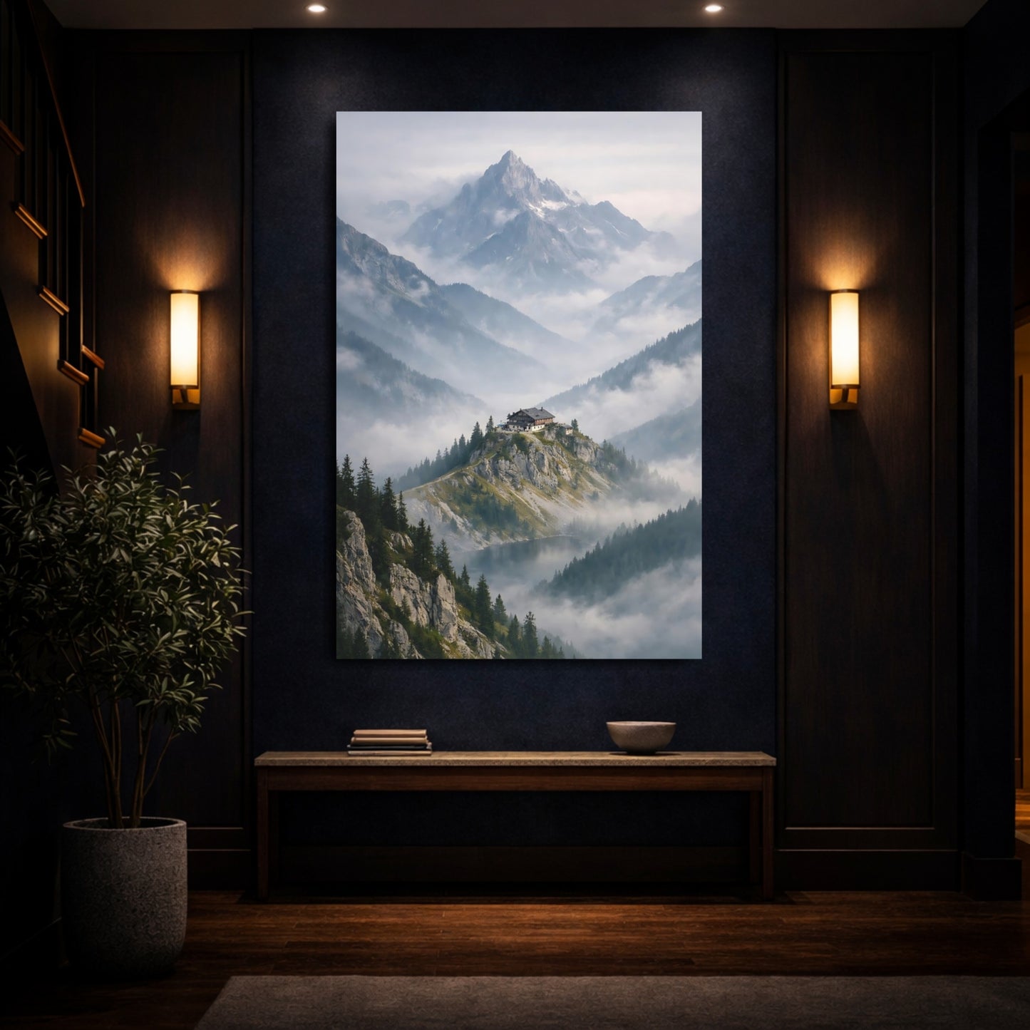 Nature Mountain Lodge Misty Mountain Refuge shown as front canvas room wall art