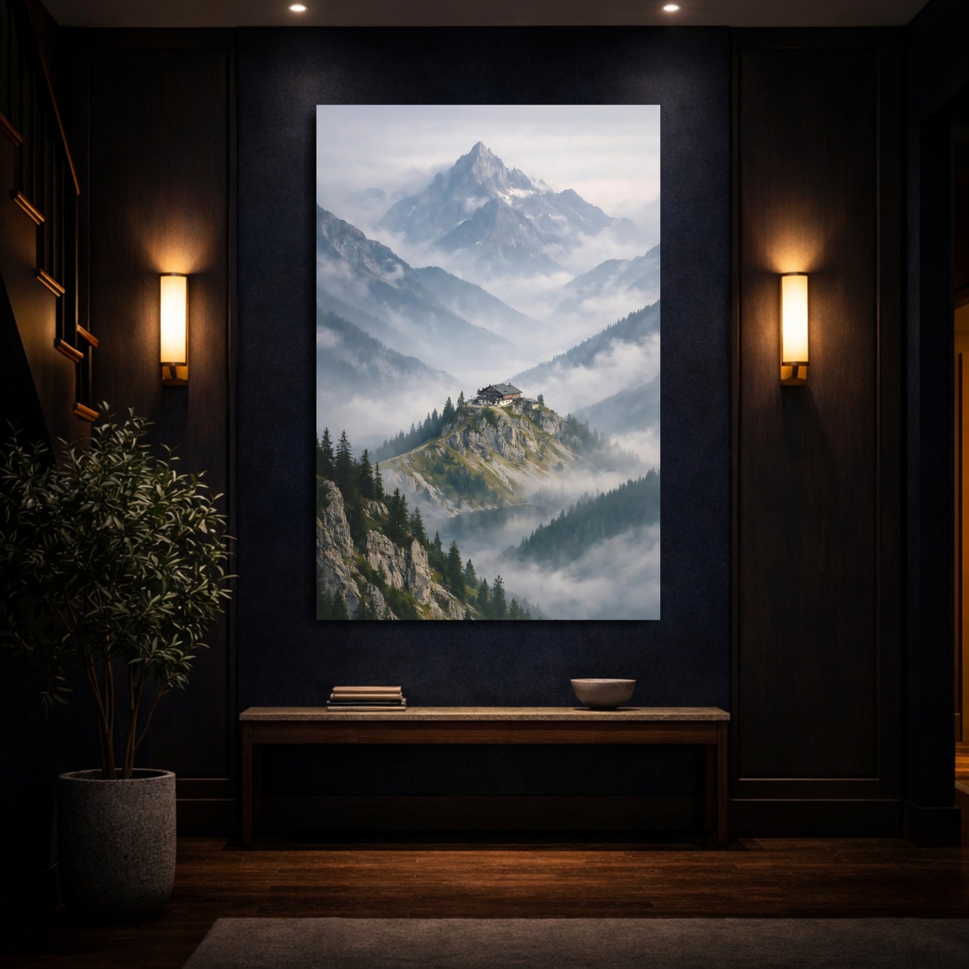 Nature Mountain Lodge Misty Mountain Refuge shown as front canvas room wall art